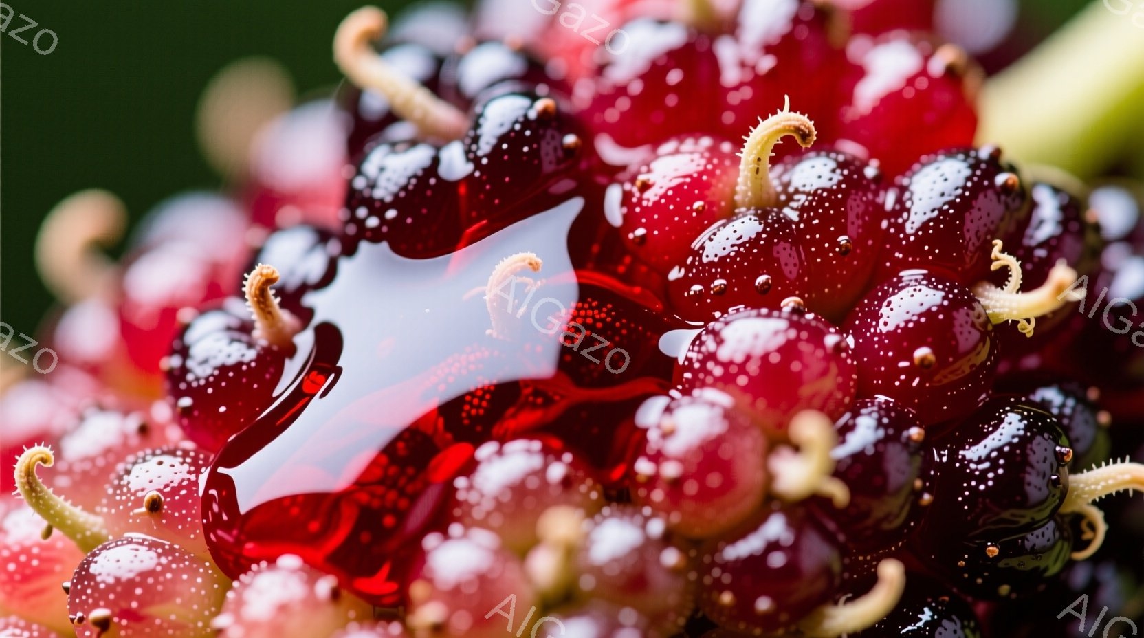 深紅色の小さな球体が密集し、まるで宝石のような質感を見せています。球体表面には白い斑点が散りばめられ、光沢がありながらも自然な風合いを感じさせます。背景は緑色で、球体とコントラストをなし、鮮やかな色彩が目に飛び込んできます。