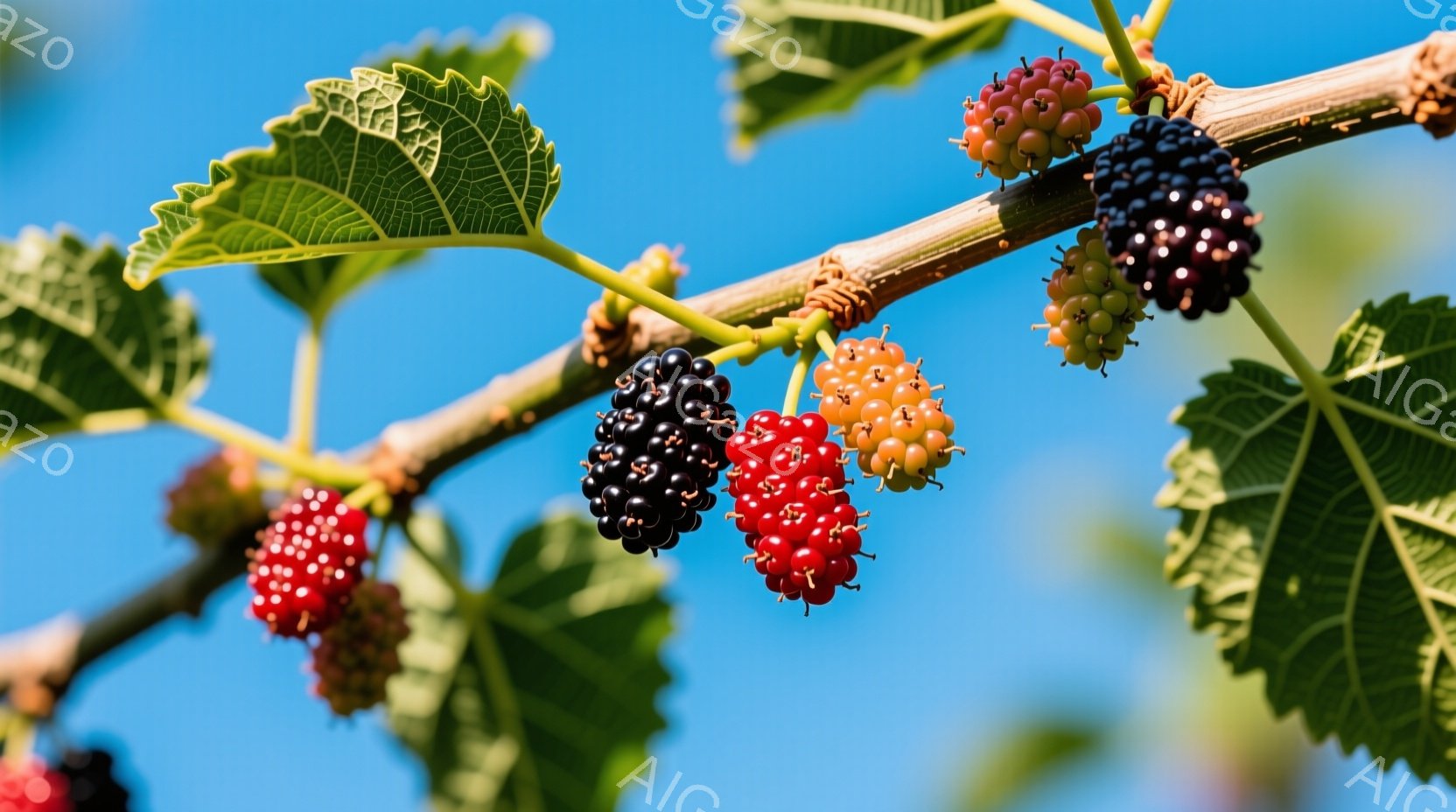 鮮やかな青空を背景に、黒く熟した桑の実と、赤く未熟な桑の実が枝に実っている様子が捉えられています。葉は緑豊かで、実とのコントラストが美しいです。全体的に自然の恵みを感じさせる、穏やかで爽やかな雰囲気で - AI生成フリー素材