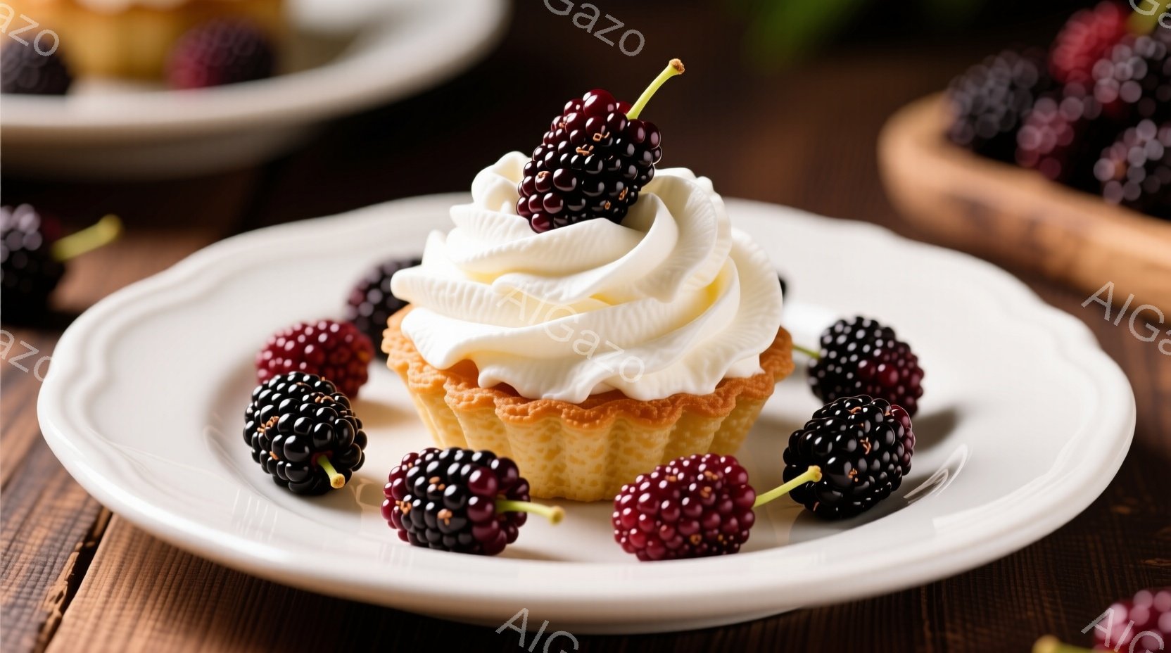 白い皿の上に、クリームを絞った小さなタルトが置かれています。タルトの上には黒いベリーが飾られており、皿の周りにもいくつか置かれています。背景には、さらにベリーが盛られたバスケットが見え、木製のテーブル - AI生成フリー素材