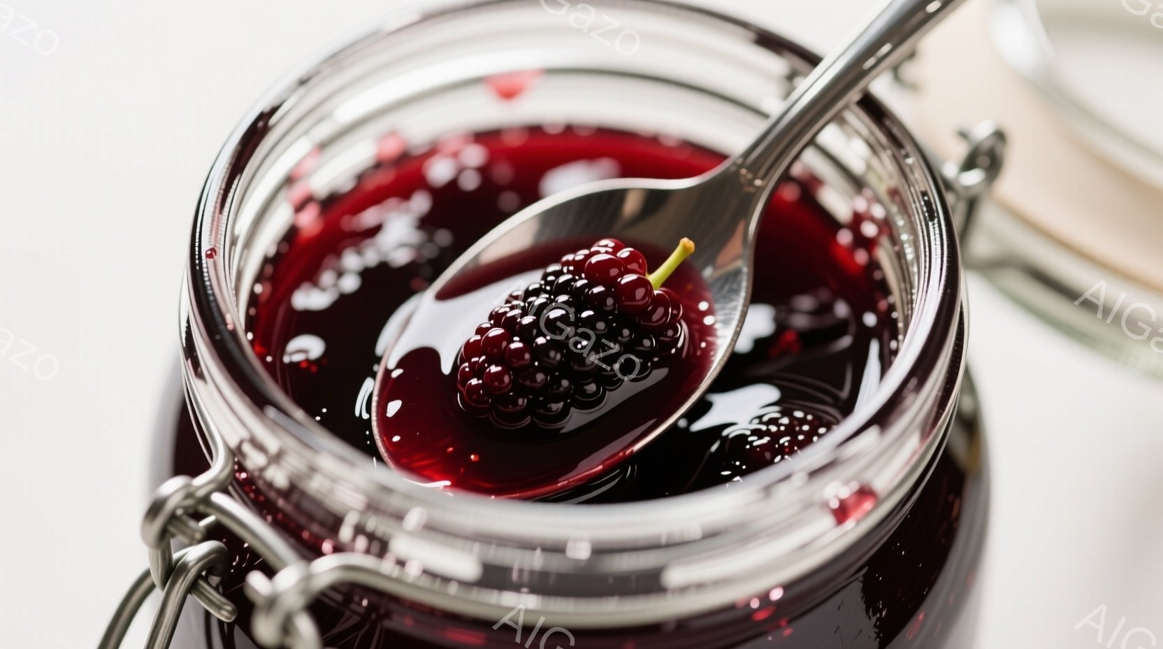 濃い赤紫色のジャムが透明なガラス瓶にたっぷり詰まっており、銀色のクリップで密閉された蓋が特徴的です。光沢のある黒い桑の実が、ジャムの上に慎重に置かれた銀色のスプーンに乗せられています。背景はぼやけており、全体的に豊かで甘い、食欲をそそる雰囲気です。