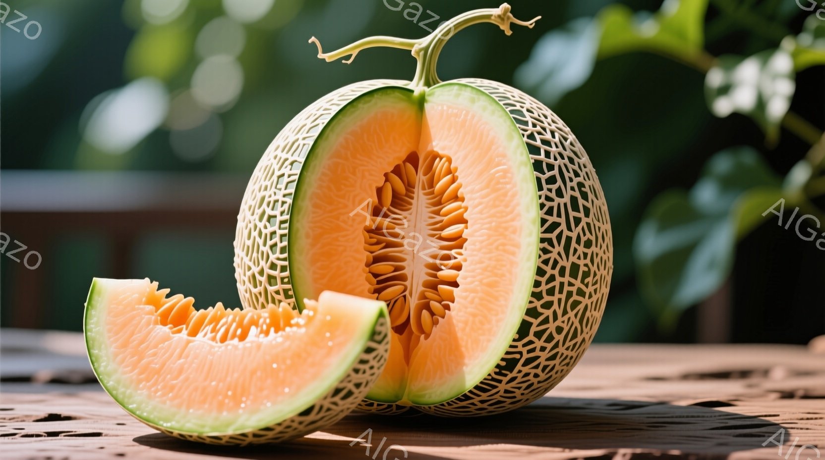 鮮やかなオレンジ色の果肉を持つメロンが半分にカットされ、もう一片のスライスが隣に置かれています。メロンの表面は細かい網目状の模様で覆われ、瑞々しさを感じさせます。背景には木製のテーブルと緑豊かな植物が - AI生成フリー素材