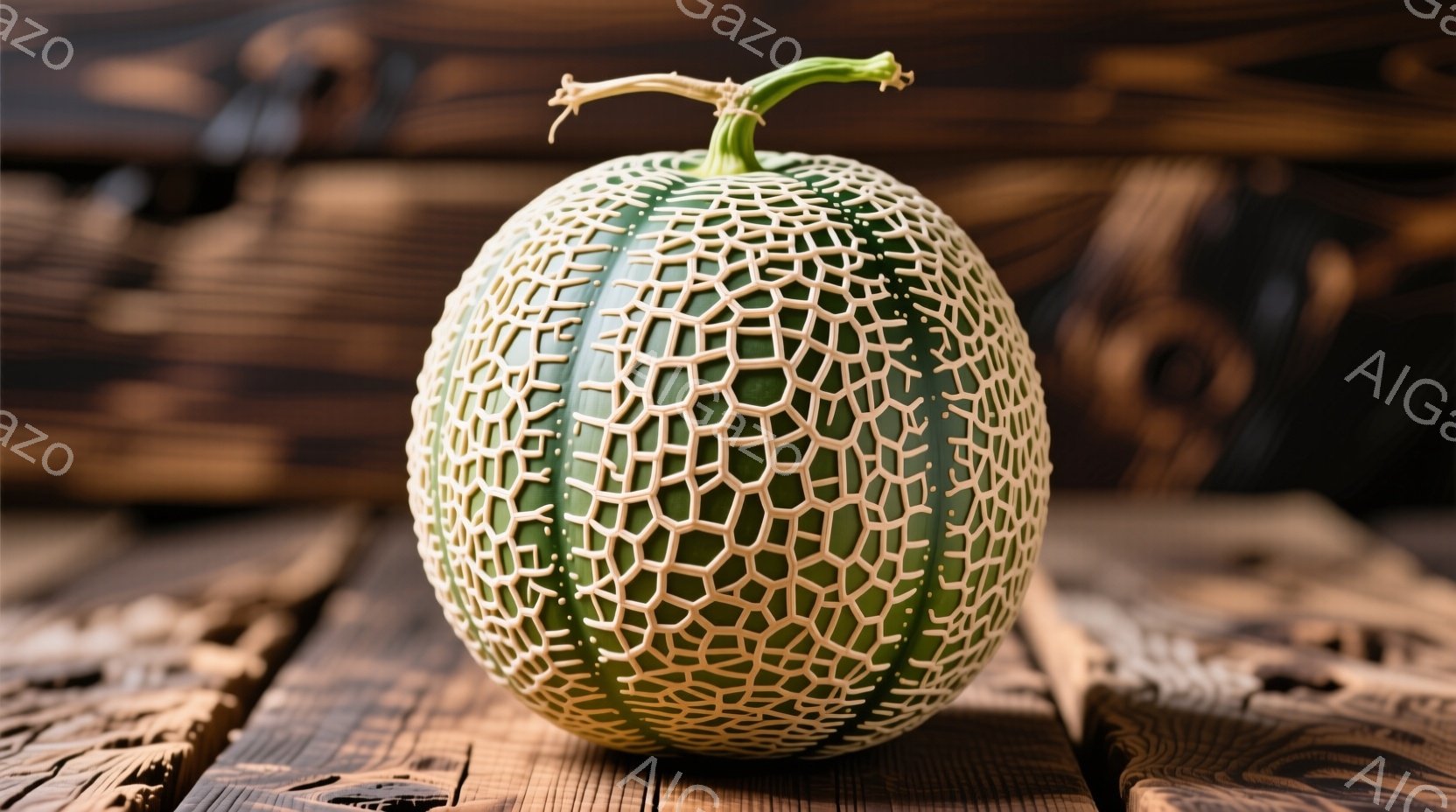 網目模様の緑色のメロンが、古びた木の板のテーブルの上に置かれています。メロンの表面は複雑な網目状になっており、その独特の質感が際立っています。背景の木材は、長年の使用により、深い色合いと独特の風合いを - AI生成フリー素材