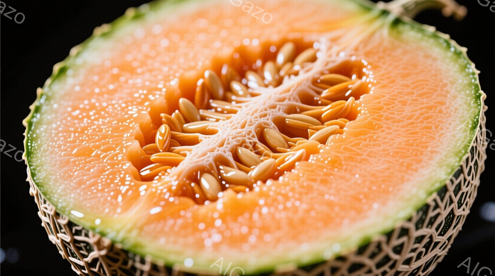切り分けたメロンの断面が黒い背景に浮かび上がっています。果肉は鮮やかなオレンジ色で、中央には種が密集して並んでいます。メロンの皮は網目状の模様で覆われ、熟した甘みが感じられるような鮮やかな色彩が印象的です。