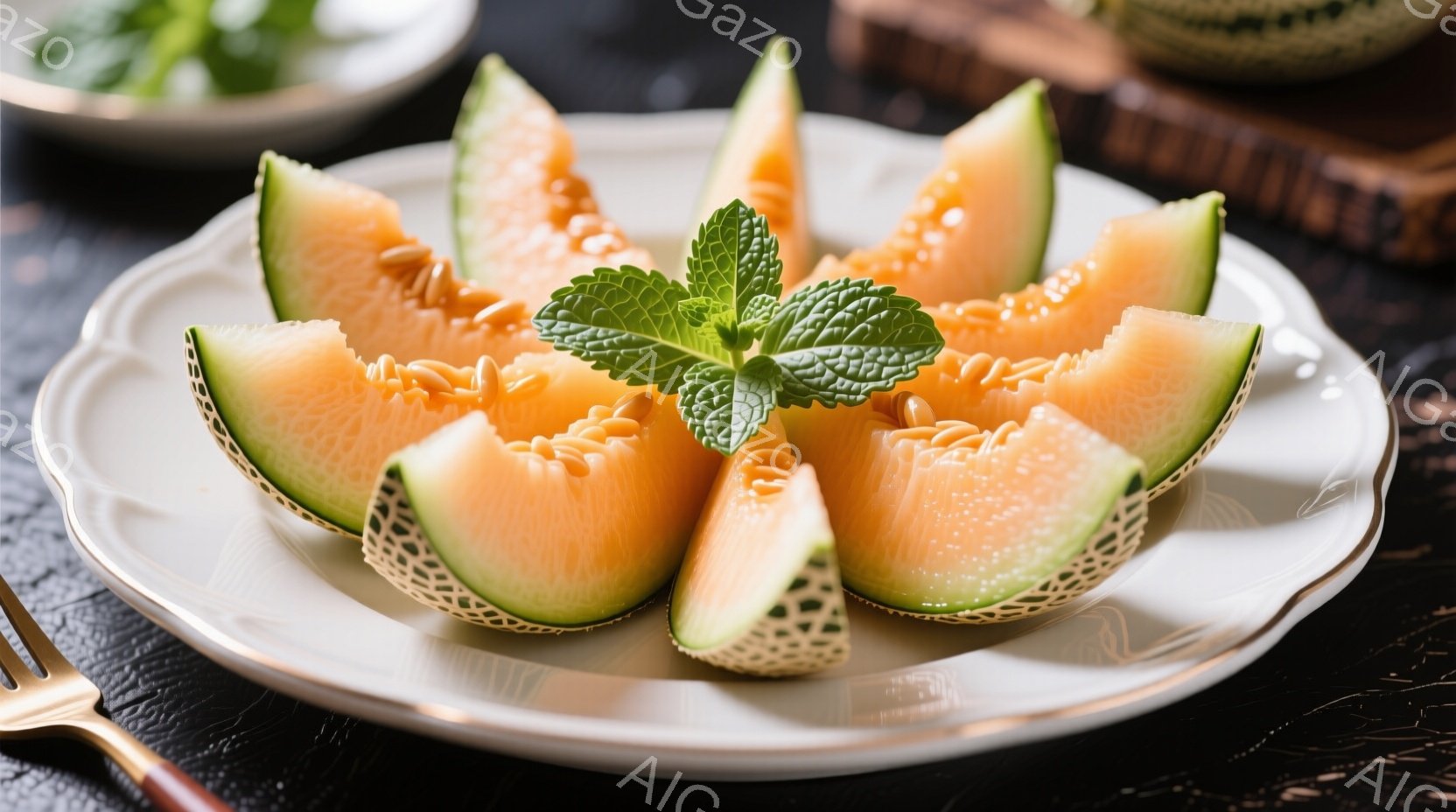 白い皿にカットされたオレンジ色のメロンが放射状に並べられており、中央には緑色のミントが飾られています。メロンの表面には網目状の模様があり、瑞々しさが感じられます。背景は暗いグレーで、皿の白い色が際立っ - AI生成フリー素材