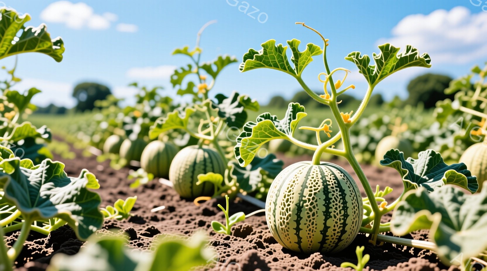 畑には緑色の縞模様のスイカがいくつか並び、鮮やかな緑色の葉が茂っています。土は茶色で乾燥しており、遠くには明るい青空とわずかに見える建物が見えます。全体的に、太陽の下でスイカが育つ、穏やかで自然な雰囲 - AI生成フリー素材