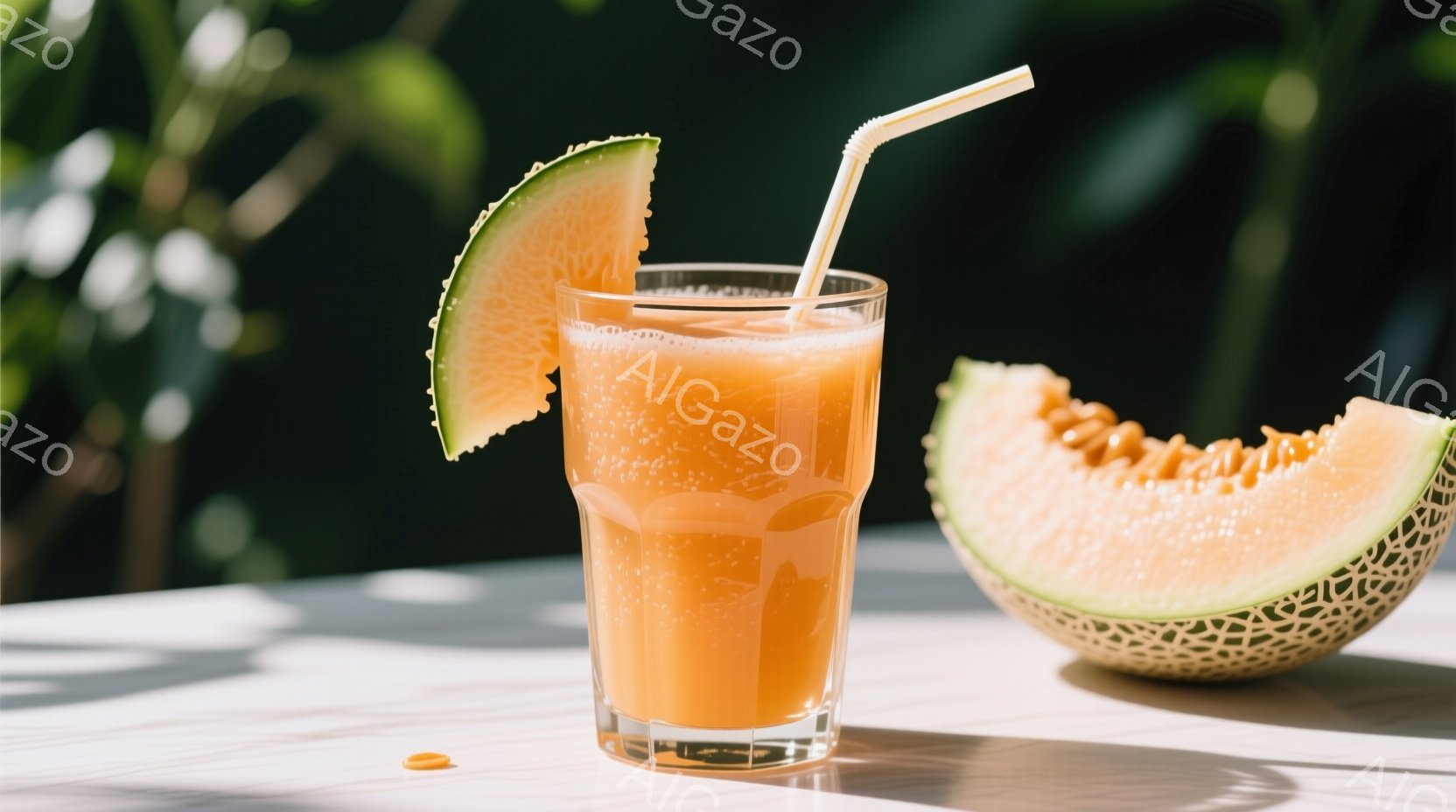 鮮やかなオレンジ色のメロンジュースがグラスに注がれており、グラスの縁にはメロンの薄切りが飾られています。ジュースの隣には、半分にカットされたメロンが置かれ、テーブルの表面には数粒の種が落ちています。背景は緑豊かな自然で、明るい日差しが差し込み、爽やかで夏の雰囲気を感じさせます。
