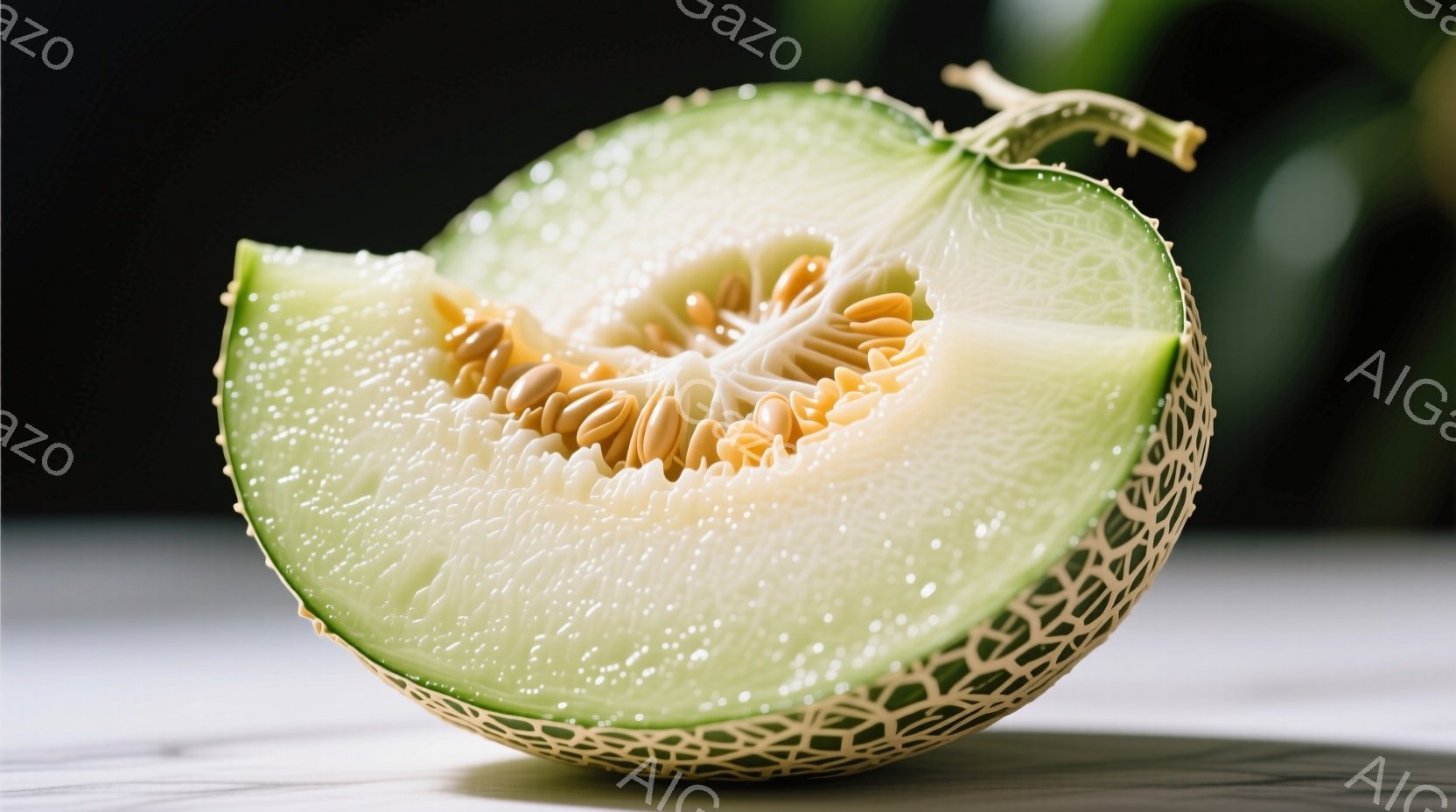 半分に切られたメロンのクローズアップです。外皮は網目状の模様を持ち、淡い緑色をしています。内部はオレンジ色の種が密集し、果肉は白っぽい緑色で、全体的に新鮮でジューシーな印象を与えます。