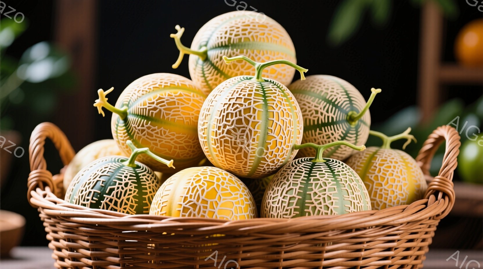 籠の中に網目模様のメロンがぎっしりと詰まっています。メロンは緑と黄色の美しいコントラストで、表面の独特の模様が特徴的です。背景は暗く、メロンがより際立って見えます。 - AI生成フリー素材