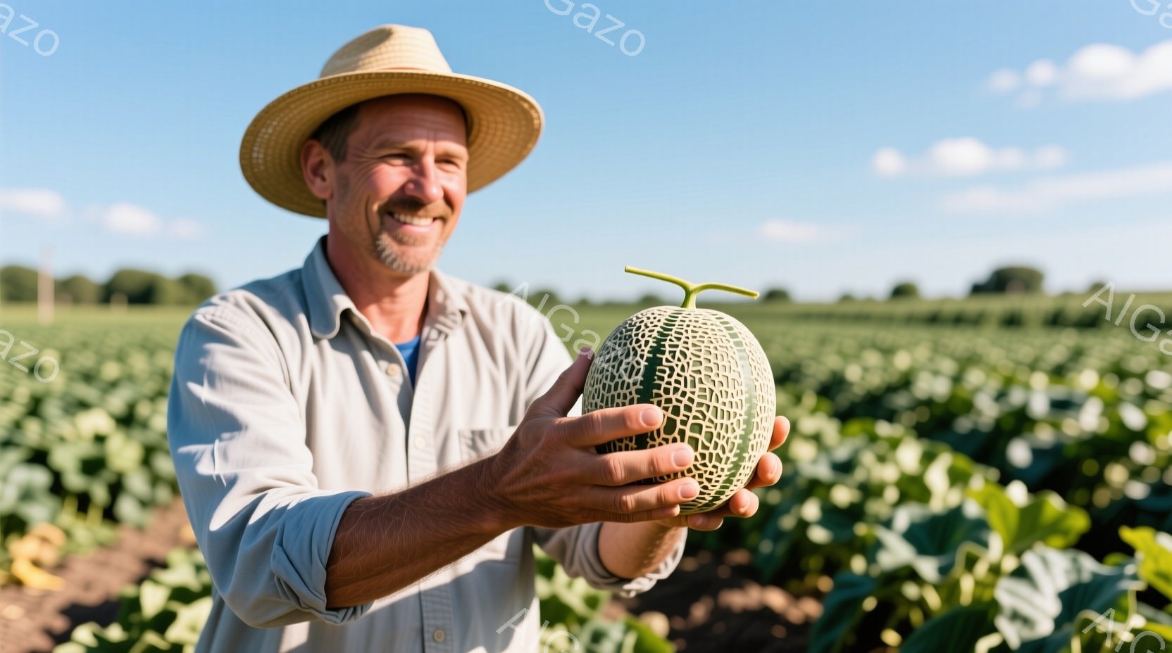 日焼けした男性が麦わら帽子とベージュ色のシャツを着て、両手で緑色の丸いメロンを掲げています。彼は微笑んでおり、顔には喜びが表れています。背景には緑色の畑が広がり、晴天の下で農作業が行われている様子が伺 - AI生成フリー素材