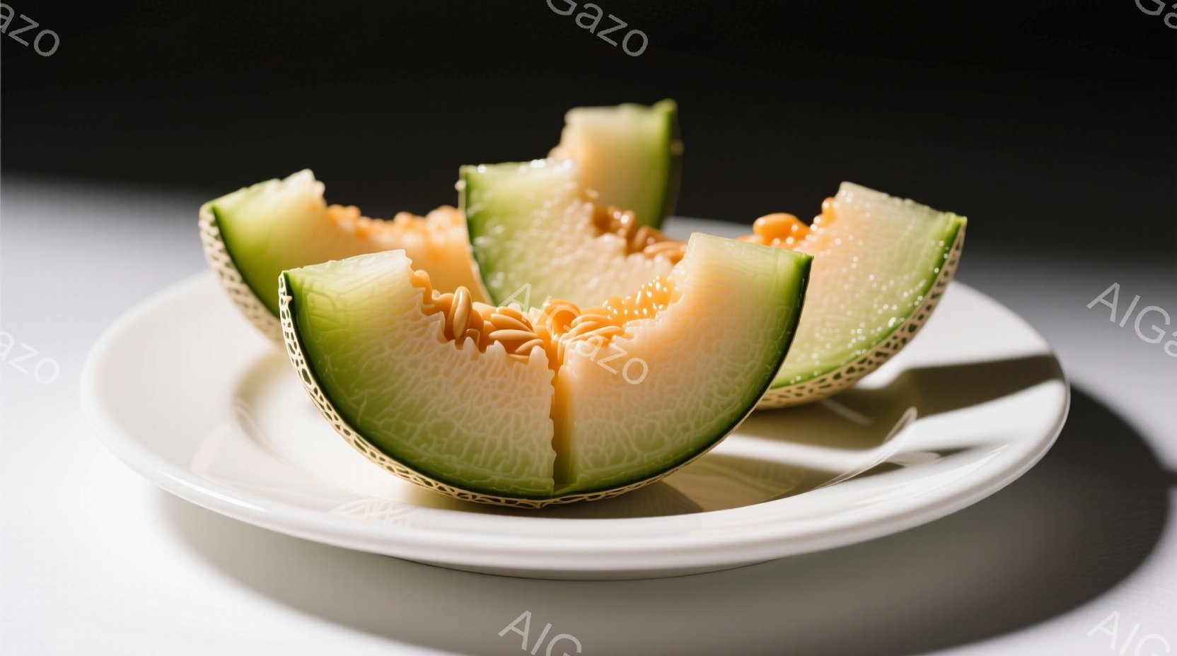 白い皿にカットされたメロンが盛り付けられています。果肉はオレンジ色で、種が散りばめられており、緑色の皮とのコントラストが美しいです。背景は暗く、メロンが際立っており、新鮮で食欲をそそる雰囲気を醸し出し - AI生成フリー素材