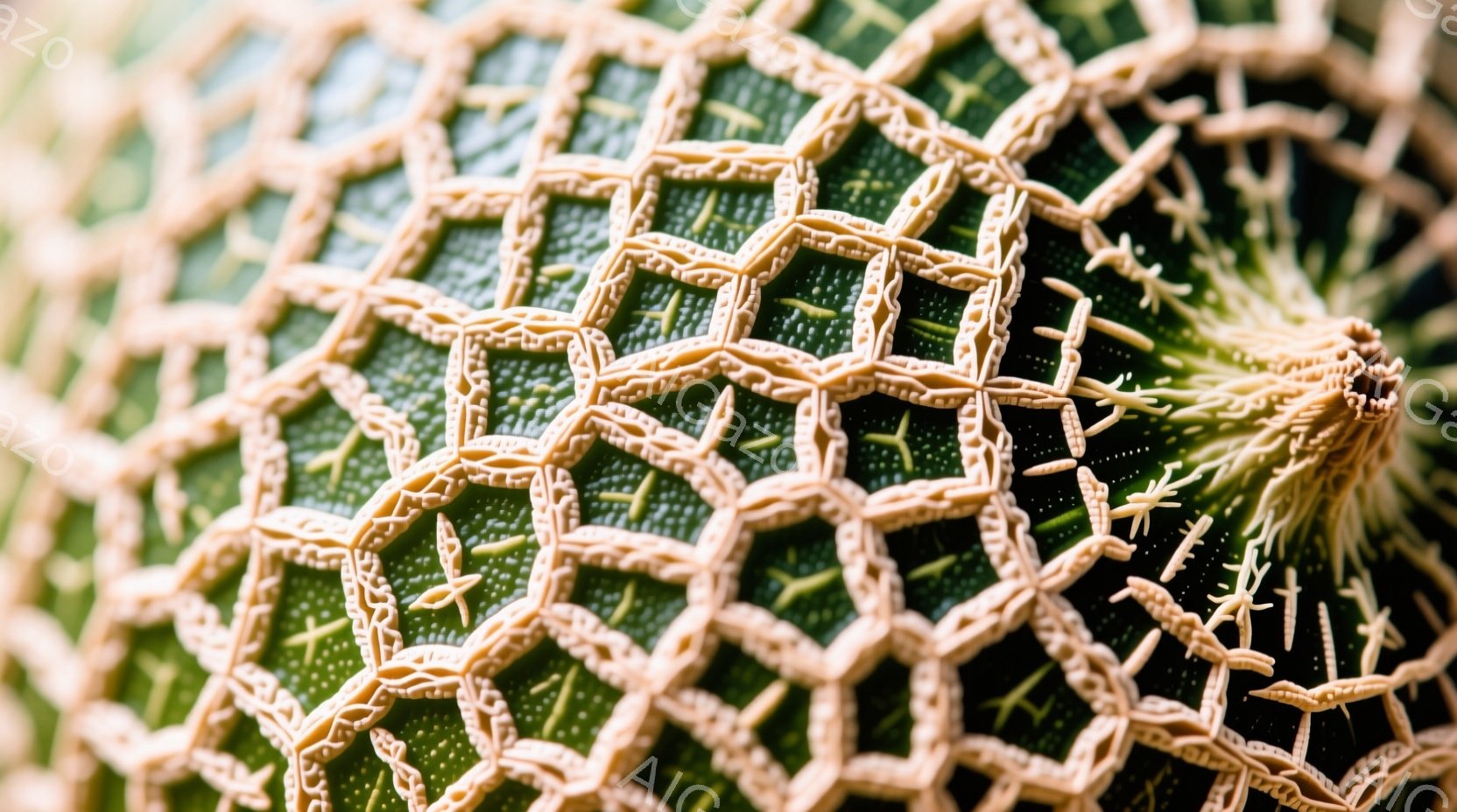 サボテンの表面のクローズアップです。緑色の肌の上に、密集したベージュ色の網目状のパターンが描かれています。鋭い棘が散らばり、独特の質感と自然の美しさを強調しています。