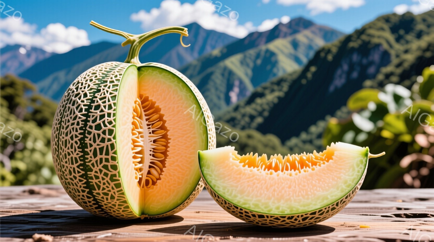 写真で、中央には切り開いたメキシコの果実が目立ち、青白い山脈と丘陵が背景にある。太陽が照らし、空気は澄んでいる。