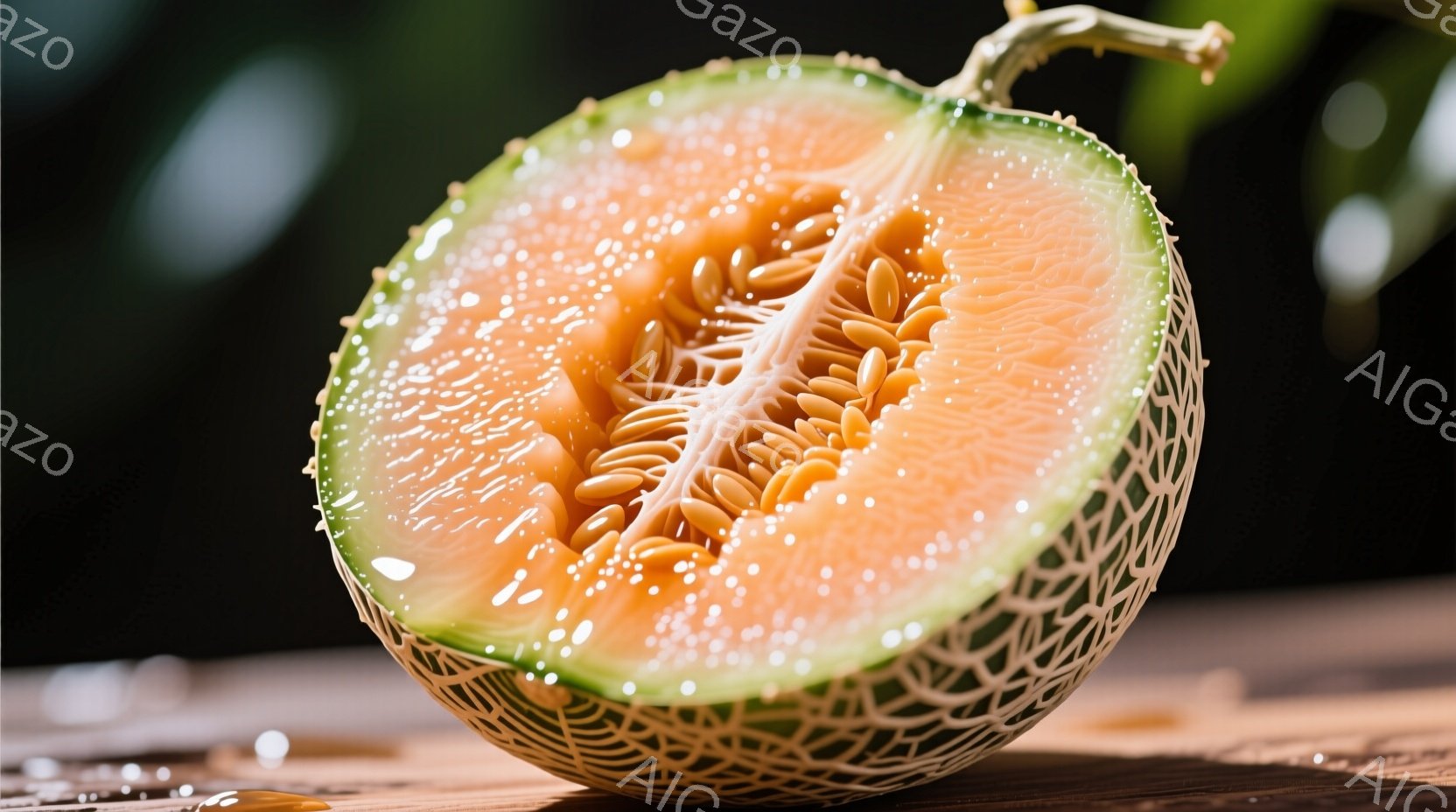 鮮やかなオレンジ色の果肉を持つマスクメロンが半分にカットされ、種が中心に集まっている様子が写っている。果皮は網目状の独特な模様で覆われ、光沢があり、背景は木製のテーブルとぼやけた緑色の背景で構成されて - AI生成フリー素材