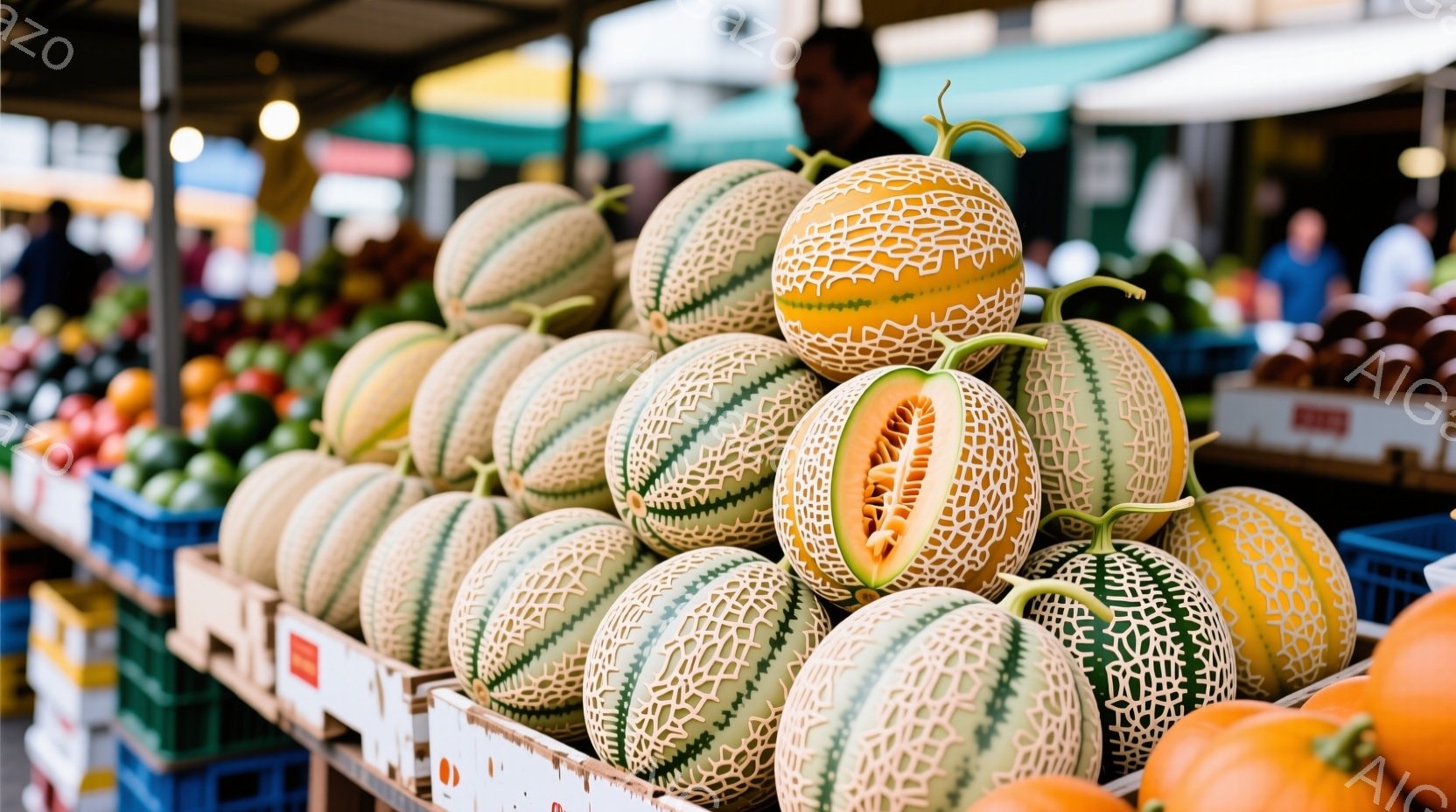 本来のハロウィンの要素がなく、普通の果物市場のようなシーン。売り手は見つからず、お客様も不明瞭です。背景には建物と他の野菜やフルーツが展示されています。雰囲気は平日の市場のような普段の空間を思わせるものです。