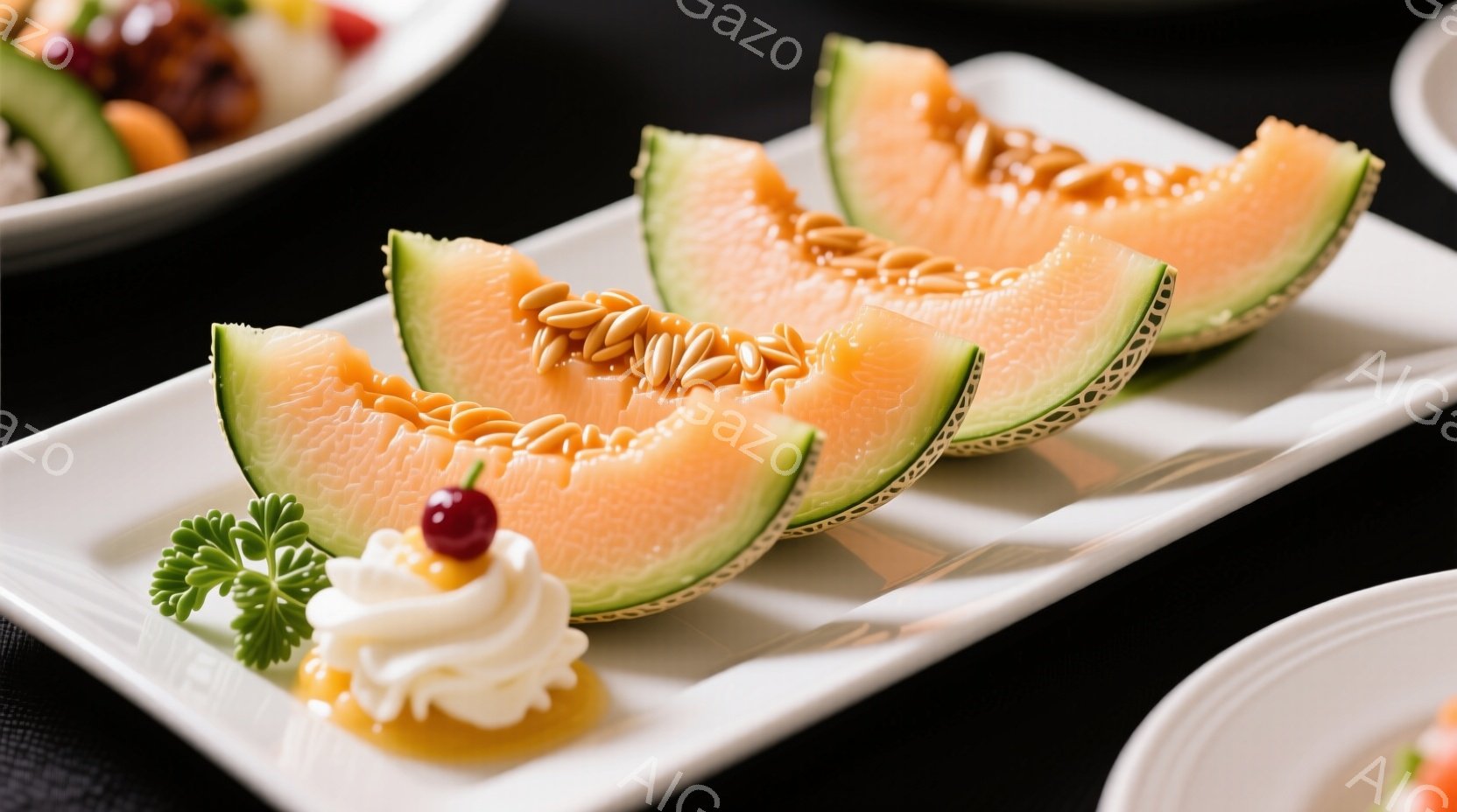 白い長方形の皿に、オレンジ色のメロンが4切れ並べられています。メロンには、小さなクリームとチェリー、パセリが添えられており、視覚的に鮮やかです。背景は黒く、他の皿の一部が見えることから、食事のコースの一部であることが推測できます。