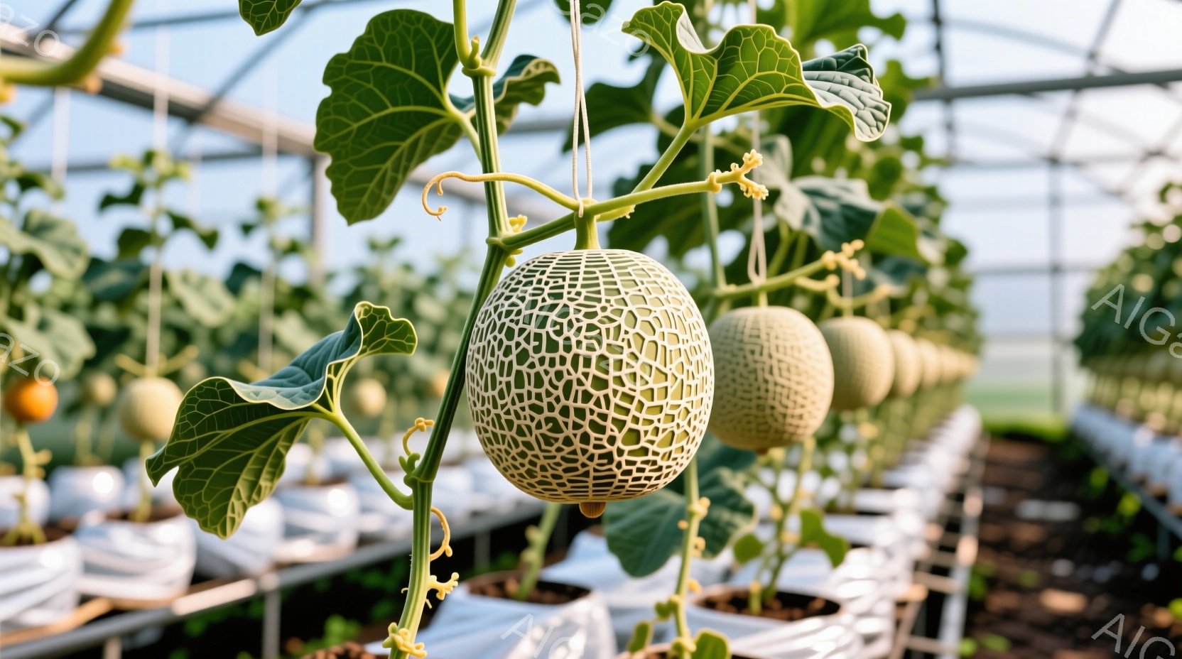画像はメロン畑の様子を捉えており、つるにぶら下がったメロンが大きく目立っています。メロンは網目状の模様を持ち、緑色の葉に囲まれており、白いプランターが規則的に並んだ背景が広がっています。全体的に、日当たりの良い温室で育つメロンの生命力と成長を感じさせる、明るく穏やかな雰囲気です。