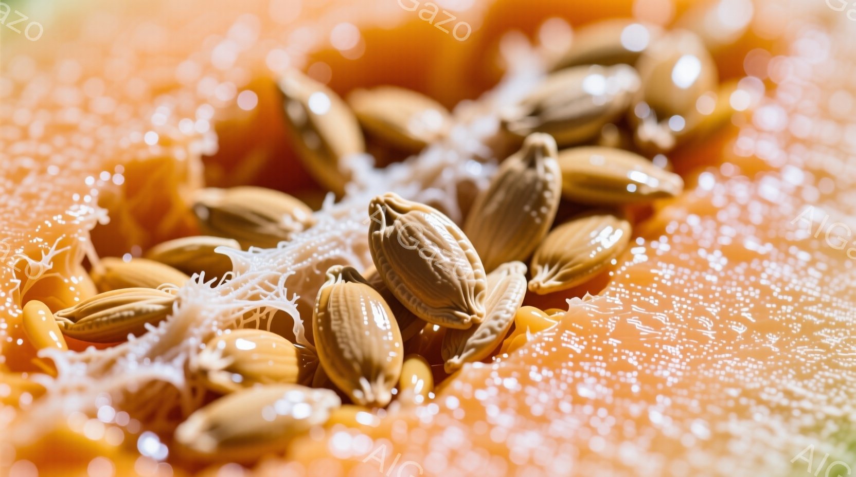 鮮やかなオレンジ色の背景に、カボチャの種が密集して写っています。種は淡い茶色で、表面にわずかな光沢があり、細い白い筋のようなものが絡みついています。全体的に、秋の収穫を思わせる温かく、少しユーモラスな雰囲気です。