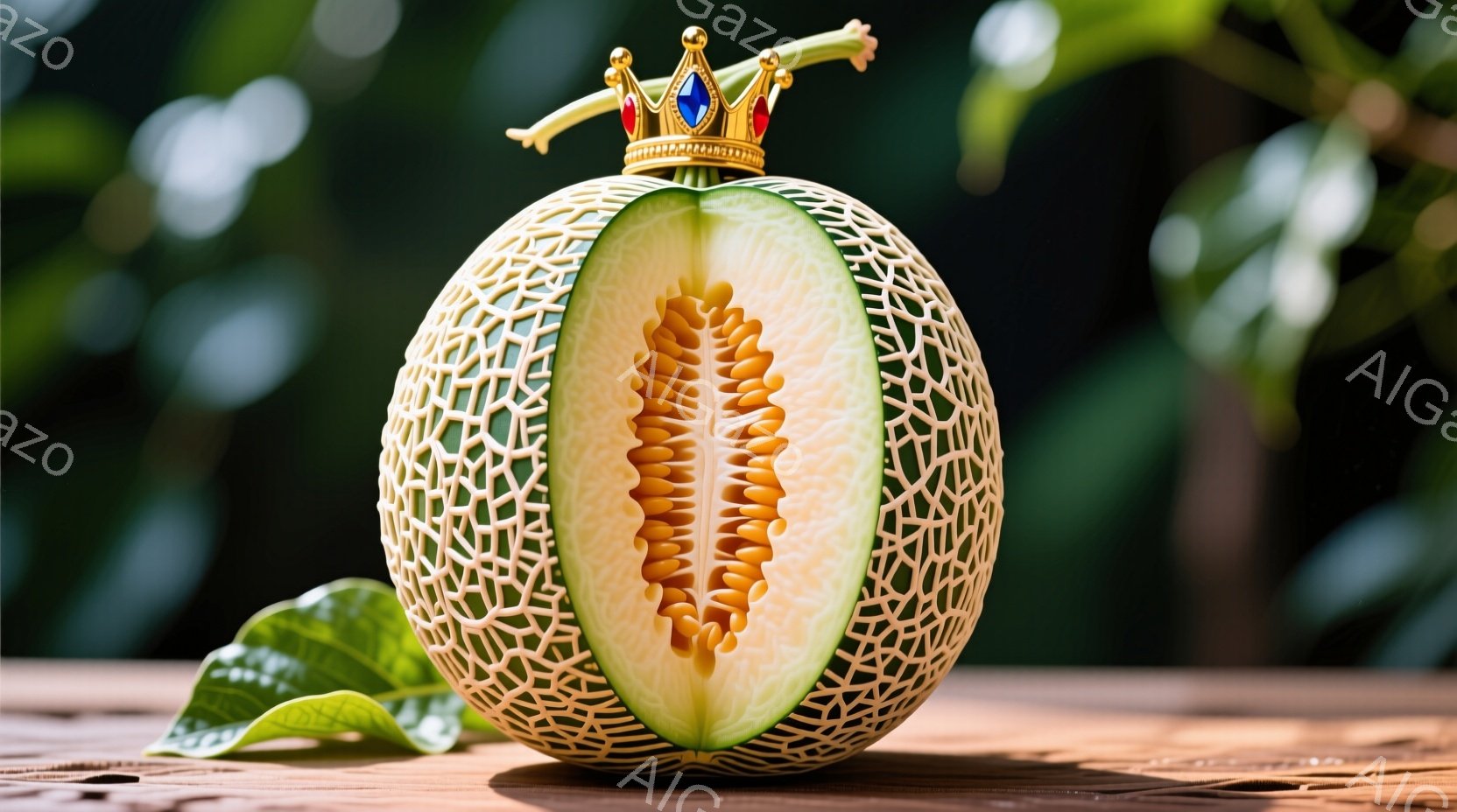 丸いメロンが半分にカットされ、内部が露出している。その上に金色の王冠が乗っており、まるで王族のような趣がある。背景には緑豊かな植物がぼやけて写り、メロンが置かれているテーブルは木製で、全体的に暖かく、洗練された雰囲気である。