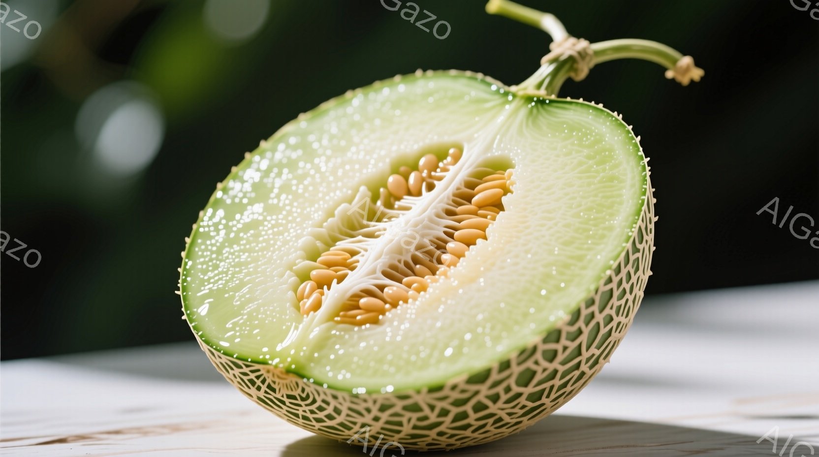 鮮やかな緑色のメロンが半分にカットされ、種が密集して見える。メロンの表面には網目状の模様があり、光沢があって新鮮に見える。背景はぼやけた緑色で、木製のテーブルの上に置かれており、全体的に爽やかで自然な - AI生成フリー素材