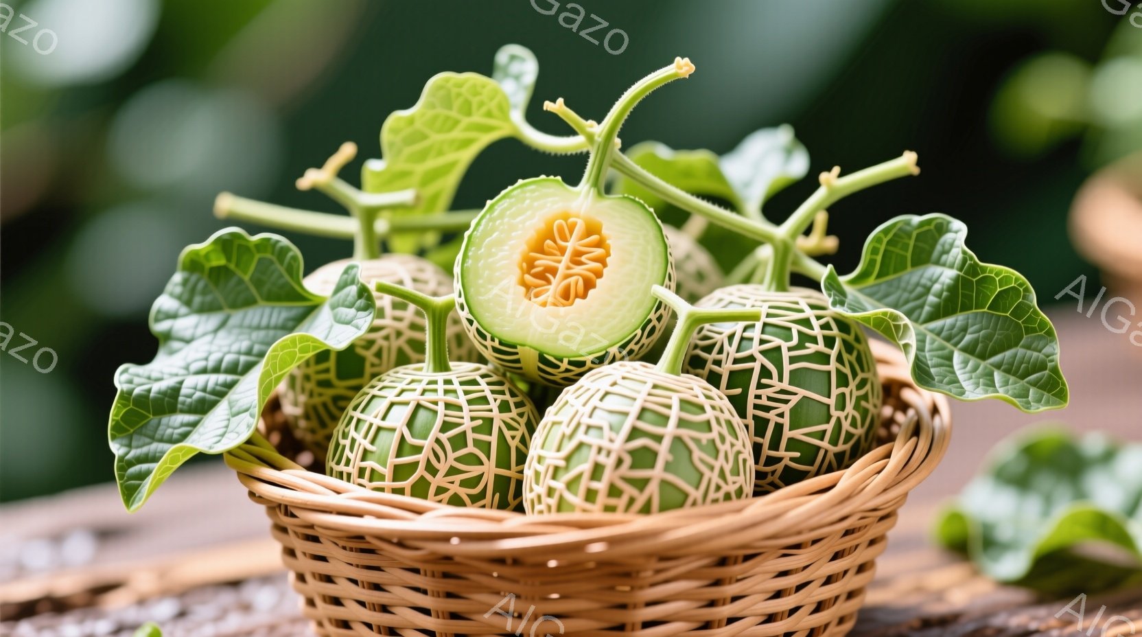 網目の模様が特徴的なマスクメロンが、籐製のバスケットにいくつか並べられています。鮮やかな緑色のつるや葉がメロンの周りを飾り、木製のテーブルの上に置かれています。全体的に、新鮮で自然な雰囲気の静物画です。
