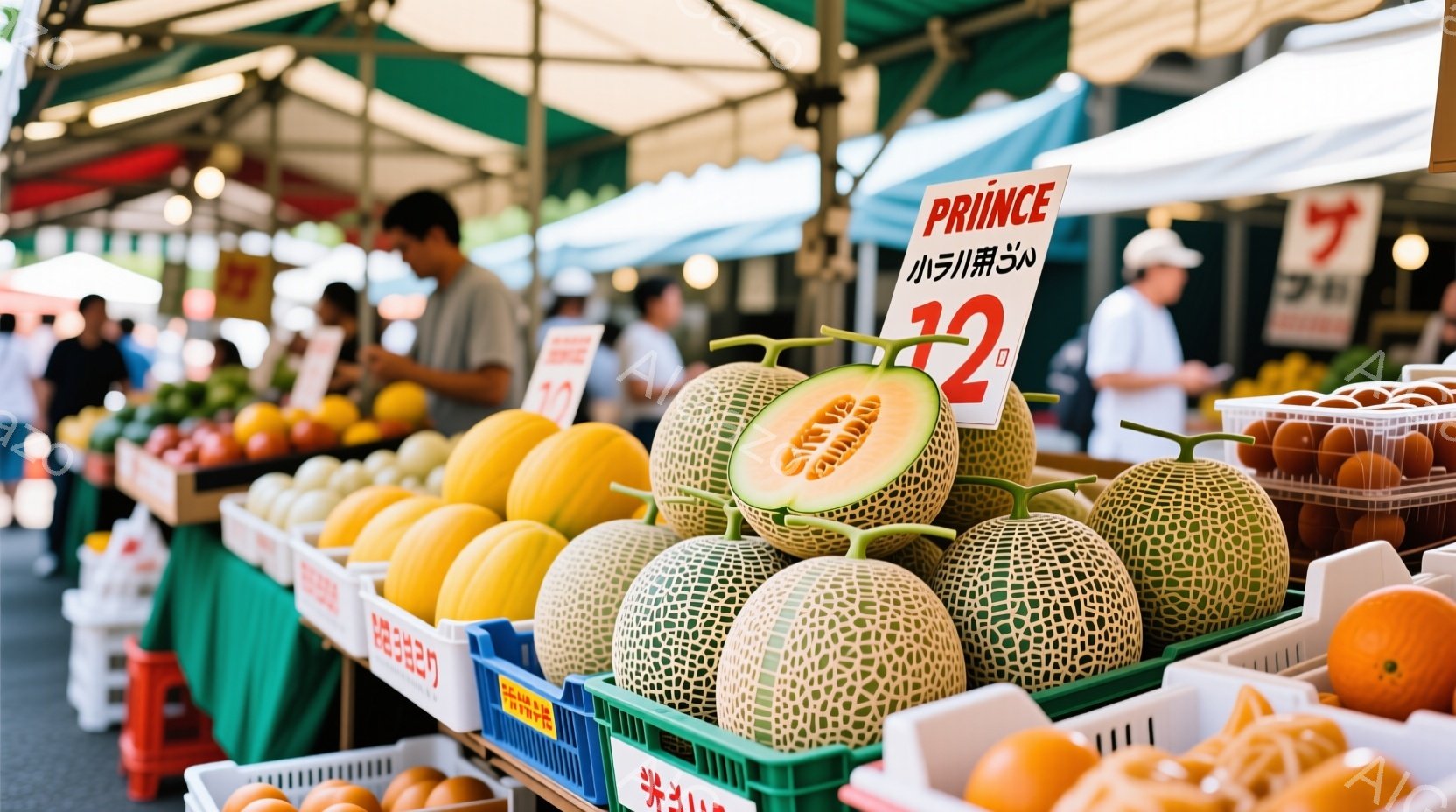 メロンが大量に並べられた市場の様子で、緑色の網目模様のメロンとオレンジ色のメロンが特徴的です。一部のメロンは半分にカットされており、果肉の色が鮮やかで美味しそうです。背景には商品が並んだテーブルと、人 - AI生成フリー素材