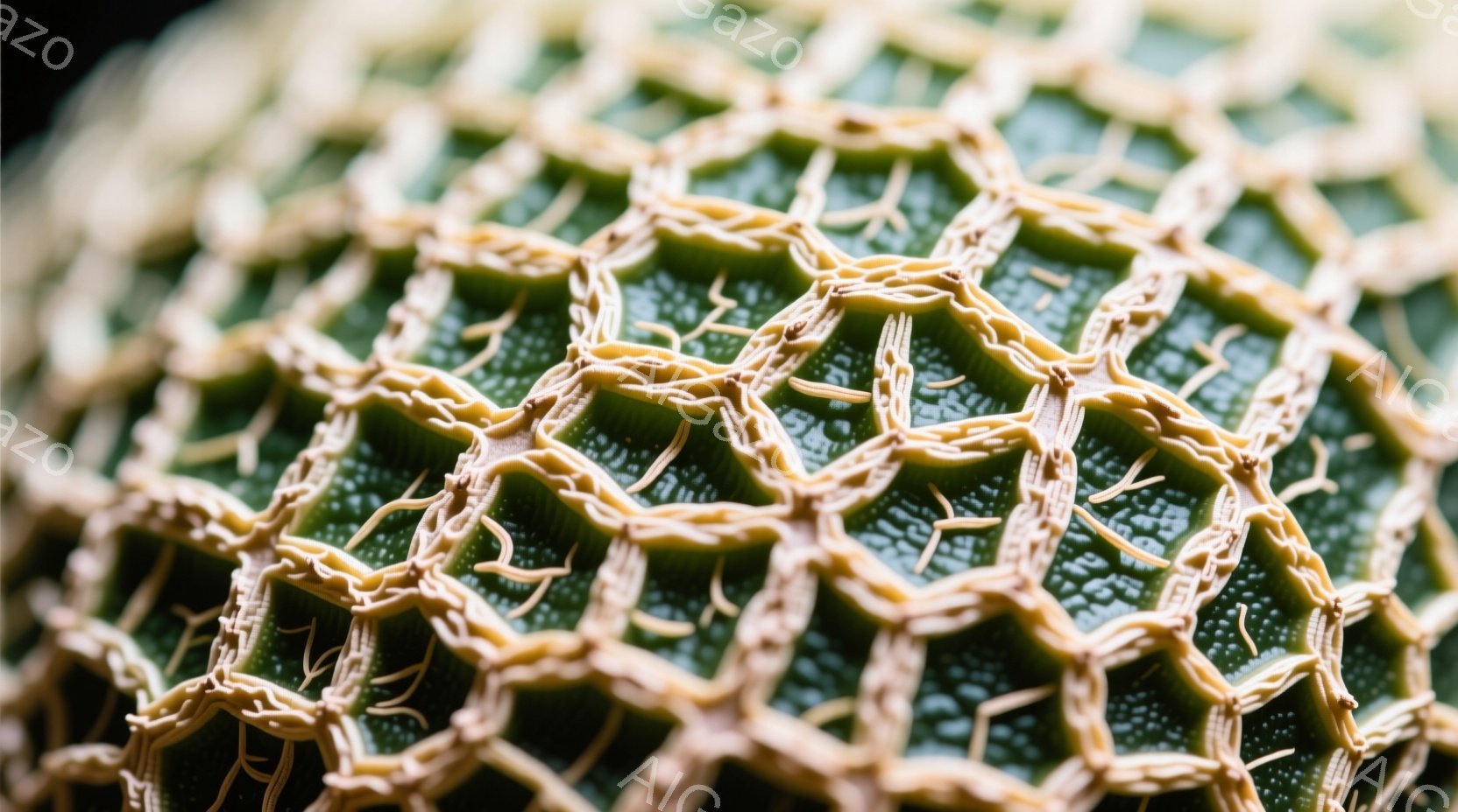 サボテンの表面のクローズアップです。細かい網目状の模様が特徴的で、クリーム色の棘が緑色の背景に際立っています。全体的に乾燥した質感と、植物の生命力を感じさせる自然な雰囲気です。