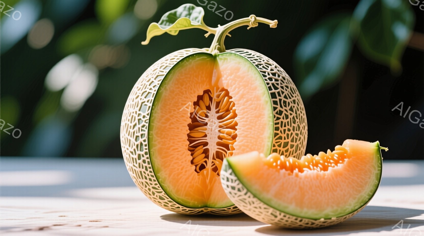 鮮やかなオレンジ色のメロンが半分にカットされ、木製のテーブルの上に置かれています。メロンの果肉は網目状で、種の部分が中央にあり、鮮やかな色合いが食欲をそそります。背景は緑の葉でぼやけており、全体的に自 - AI生成フリー素材