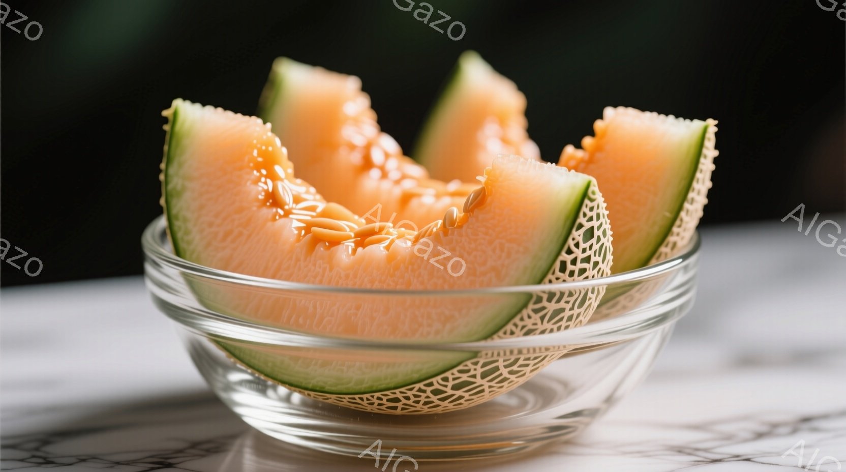 透明なガラス製のボウルに、オレンジ色の網目模様が特徴のメロンのスライスが数切れ入っています。メロンは瑞々しく、鮮やかな色彩で食欲をそそります。背景は白大理石のカウンターで、メロンの鮮やかさを引き立て、 - AI生成フリー素材