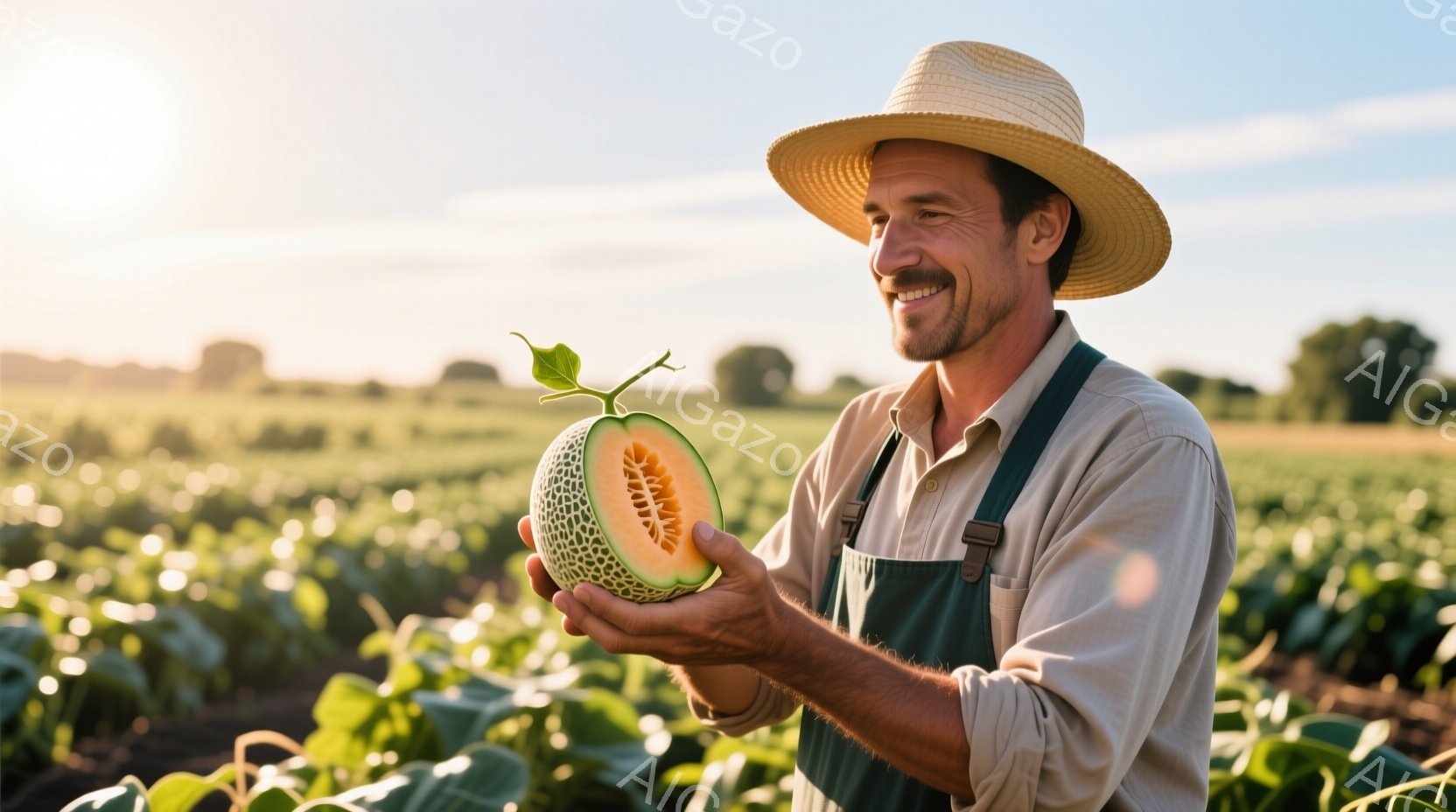 麦わら帽子をかぶった男性が、収穫したばかりのメロンを両手で抱えています。彼は明るい笑顔を浮かべ、エプロンと長袖シャツを着ており、背景には緑豊かな畑が広がり、太陽の光が差し込んでいます。全体的に、豊穣な自然の中で収穫の喜びを感じさせる、温かく平和な雰囲気です。