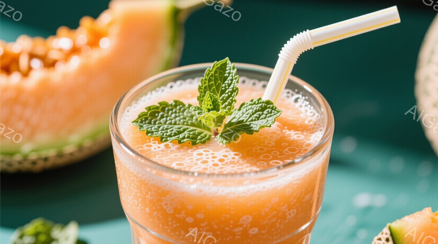 鮮やかなオレンジ色のスムージーがグラスに満たされ、ミントの葉が飾られています。背景はターコイズブルーで、スムージーの材料となったメロンが半分にカットされて配置されています。全体的に爽やかで夏らしい雰囲気が漂っています。