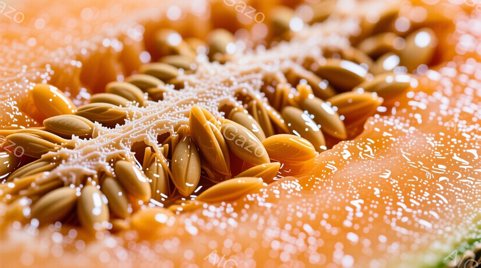 オレンジ色の果肉の中に散らばったたくさんの種子をクローズアップしたものです。種子は小さくて楕円形で、つややかな質感があります。背景には、明るいオレンジ色の果肉がぼやけており、全体的に甘くて瑞々しい雰囲気が漂っています。