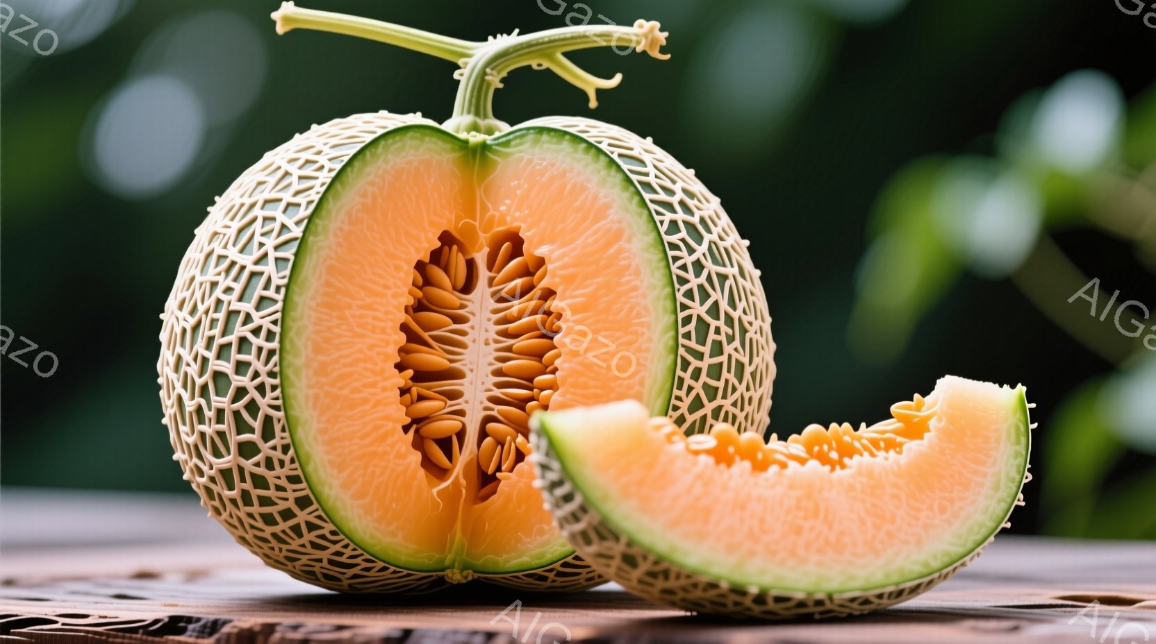 網目状の皮を持つ大きなメロンが半分に切られており、鮮やかなオレンジ色の果肉が露わになっています。隣には、さらにカットされたメロンのスライスが置かれており、果汁が滴る様子がうかがえます。背景は緑豊かな自 - AI生成フリー素材