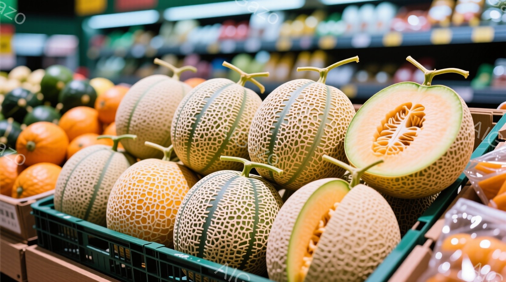 網目状の皮を持つオレンジ色のメロンが、木製の棚に山積みに置かれています。そのうちの一つは半分に切られており、鮮やかなオレンジ色の果肉が露わになっています。背景には、他の果物や野菜、そして店内の棚が見え、全体的に活気のある食料品店の雰囲気が漂っています。