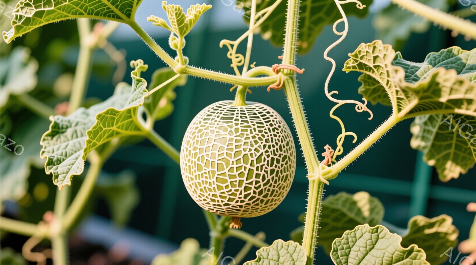 つるにぶら下がった網目状のメロンが写っています。葉は鮮やかな緑色で、メロンの周りを囲み、植物の成長と生命力を感じさせます。背景はぼやけており、屋外の自然環境であることを示唆しています。 - AI生成フリー素材