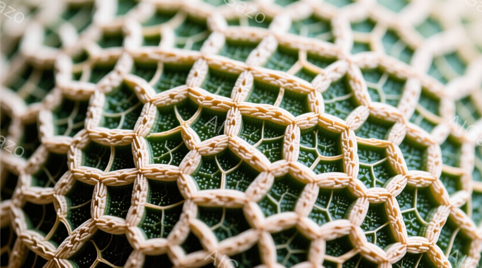 緑色の背景に、白い編み込み模様が特徴的なテクスチャをクローズアップしたものです。編み込みは六角形が連なったような構造で、まるでハニカムのようです。全体的に繊細で、手仕事による温かみを感じさせる雰囲気です。