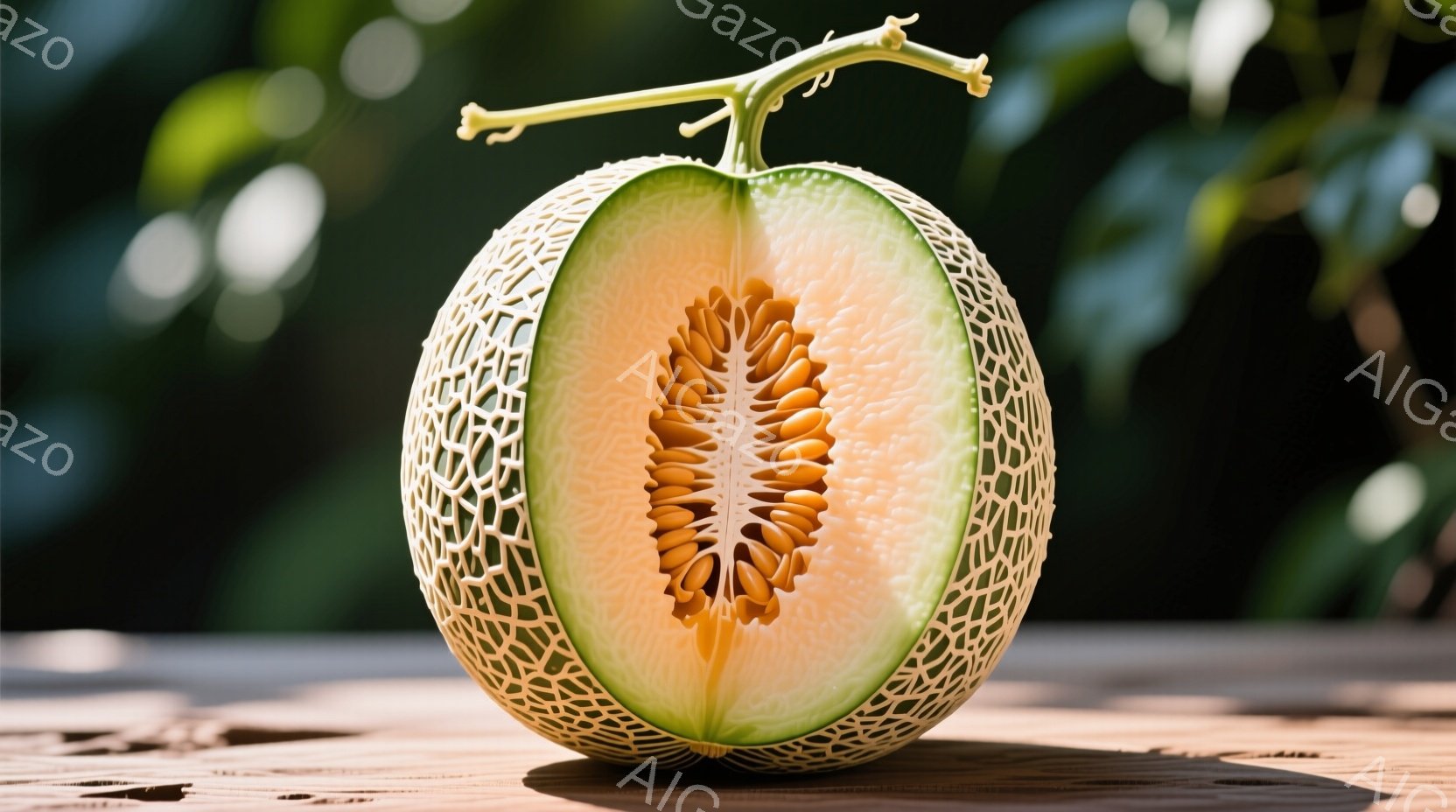 半分に切られたメロンがテーブルの上に置かれている様子を捉えています。メロンの果肉はオレンジ色で種が密集しており、外側の網目模様が特徴的です。背景には緑の葉がぼやけており、全体的に明るく爽やかな印象を与 - AI生成フリー素材