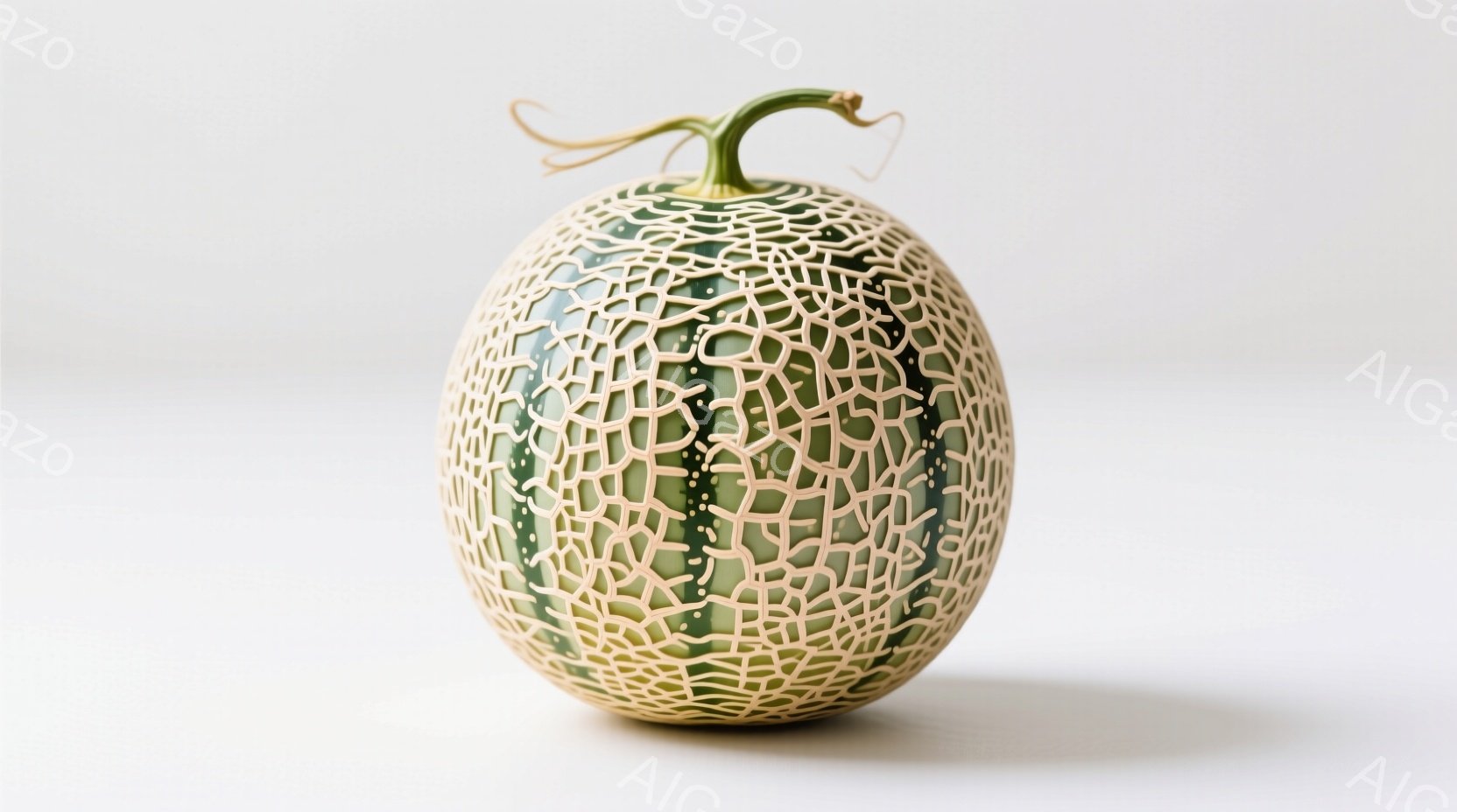 白い背景に置かれた網目模様のメロンが写っている。メロンは丸みを帯びており、緑と白のコントラストが印象的で、表面の網目が緻密に描かれている。全体的に清潔感があり、鮮やかな色彩が食欲をそそるような雰囲気である。