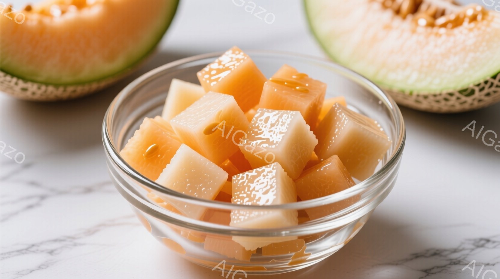 ガラス製のボウルにカットされたメロンが盛り付けられています。メロンはオレンジ色と白色のコントラストが美しく、みずみずしい様子が伝わってきます。背景は白い大理石のカウンターで、メロンの鮮やかな色が引き立 - AI生成フリー素材