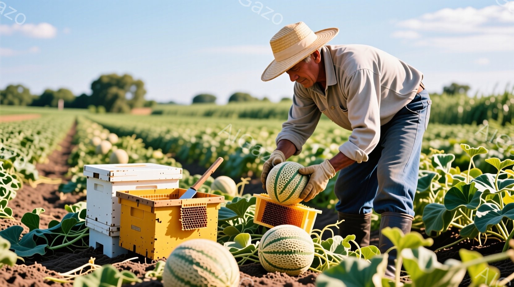 農家が畑でスイカを扱っている様子が写っている。彼は日焼けした肌に麦わら帽子を被り、長袖のシャツとジーンズ姿で、黒い手袋を着用している。背景には緑豊かな畑が広がり、明るい日差しが差し込んでいるため、穏や - AI生成フリー素材