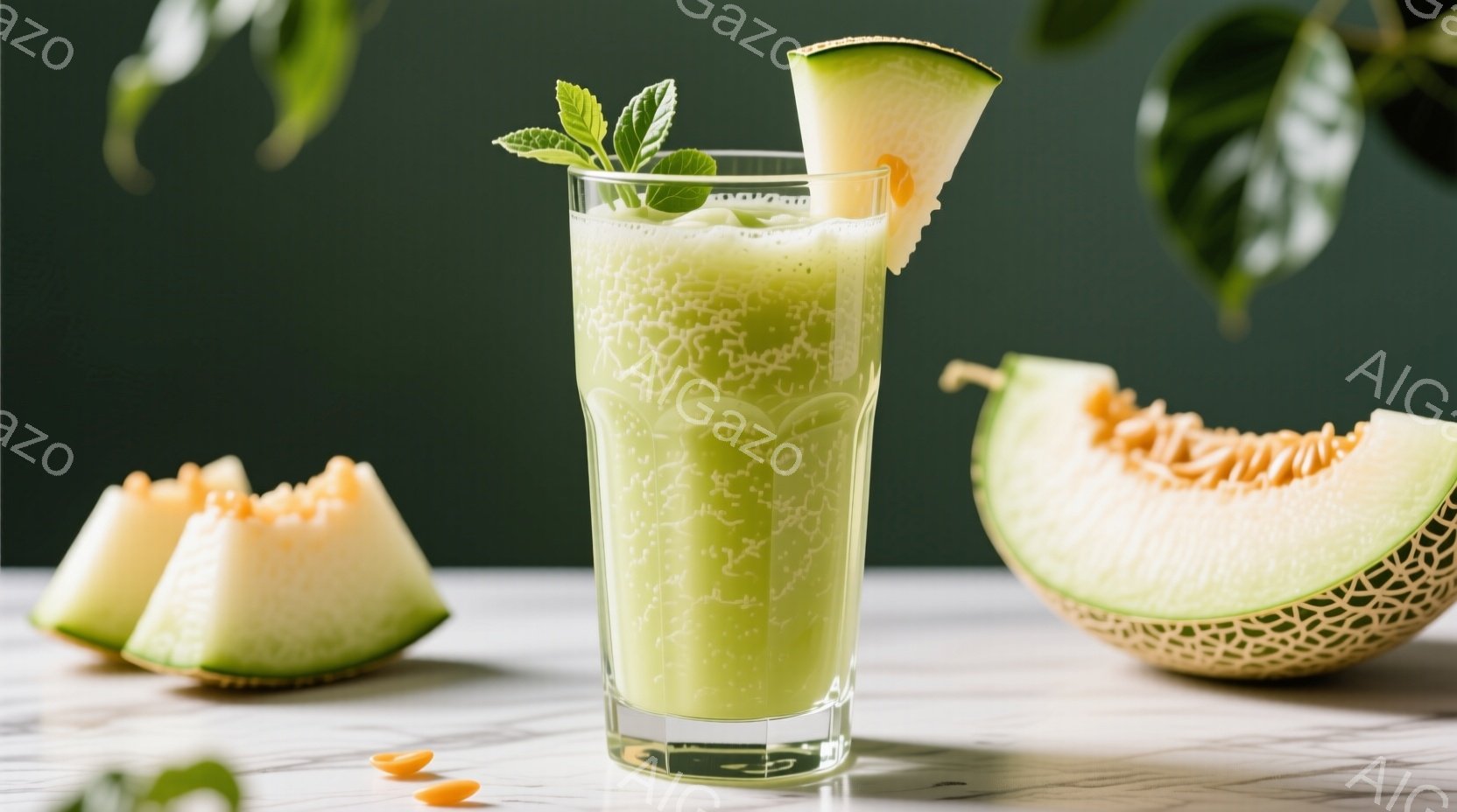 鮮やかな緑色のメロンソーダが、透明なグラスに注がれており、グラスの縁にはメロンのスライスとミントの葉が飾られています。背景は落ち着いた緑色で、大理石風のテーブルの上にメロンが数切れ置かれており、爽やかで涼しげな雰囲気を醸し出しています。光の加減がグラスの泡立ちを強調し、美味しさを引き立てています。