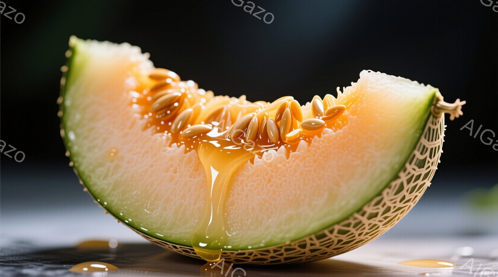 鮮やかなオレンジ色のメロンが半分にカットされ、滴る蜜が印象的です。メロンの表面は細かい網目状になっており、果肉の柔らかさとジューシーさを強調しています。背景は暗く、メロンが引き立つように工夫された、食 - AI生成フリー素材