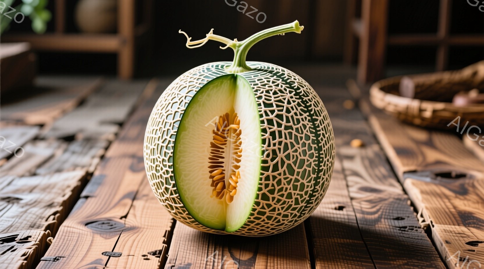 鮮やかな緑色の網目模様が特徴のメロンが半分に切られて、その断面が露出している。木製のテーブルの上に置かれており、背景にはぼやけた籐製の籠が見える。全体的に温かみのある自然な雰囲気で、メロンの鮮やかさが - AI生成フリー素材