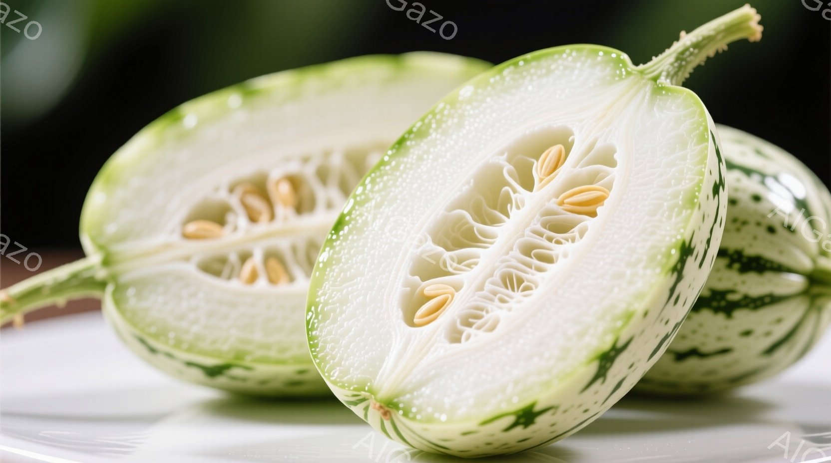 半分に切られた2つの白い縞模様のキュウリが写っています。キュウリは緑色の斑点があり、内部には種子が密集して並んでいます。背景はぼやけていますが、白い皿の上に置かれているのが分かります。