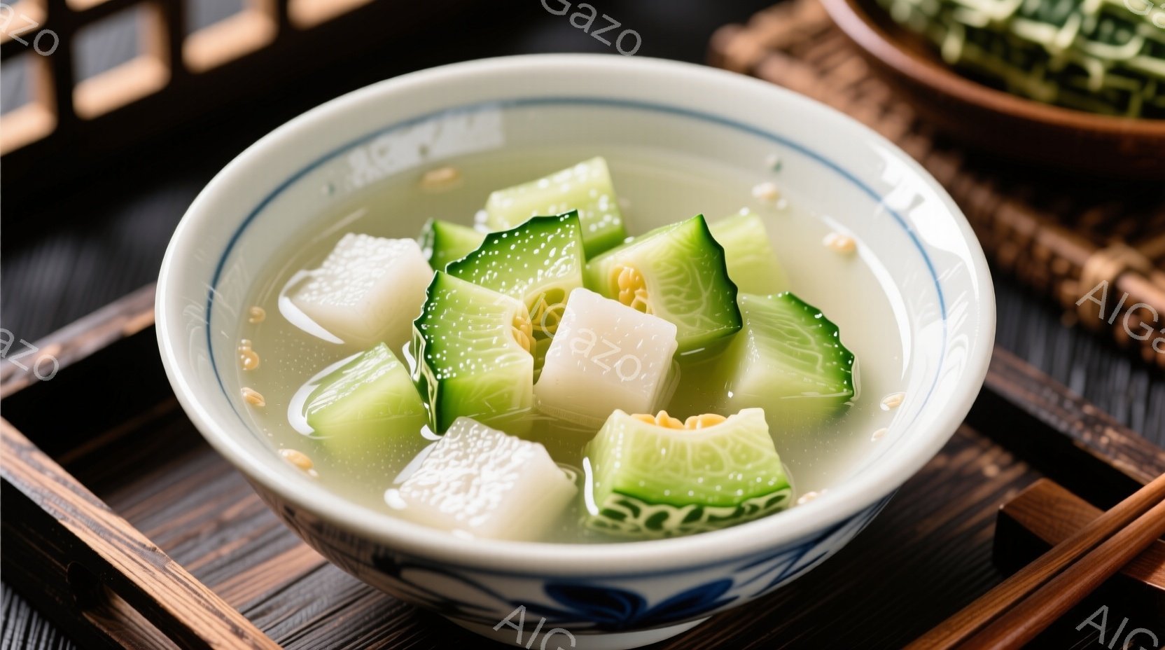 白地に青い模様が描かれた茶碗に、角切りにしたきゅうりと大根が入った冷たいスープが盛られています。スープは透明感があり、きゅうりと大根の緑と白が際立っています。茶碗は木製の盆の上に置かれており、全体的に涼やかで食欲をそそる雰囲気が漂っています。