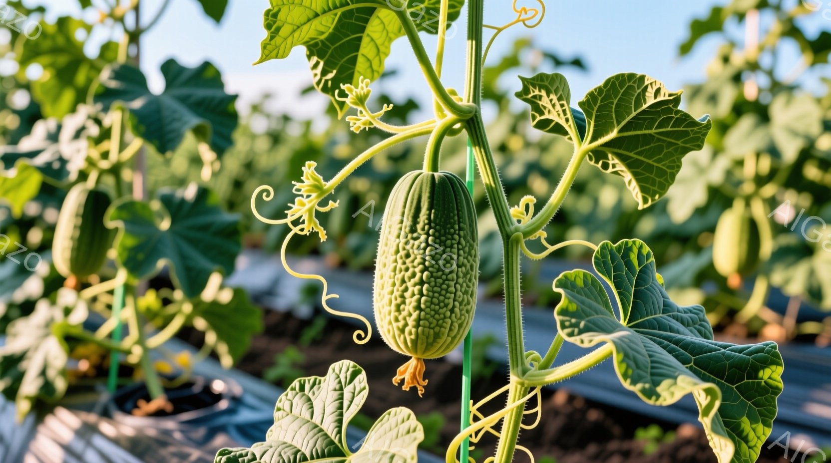 ゴーヤの植物のクローズアップです。ゴーヤはまだ緑色で、表面に独特のイボがあります。背景には、同じゴーヤ畑が広がり、ビニールシートが敷かれているのが見えます。 - AI生成フリー素材
