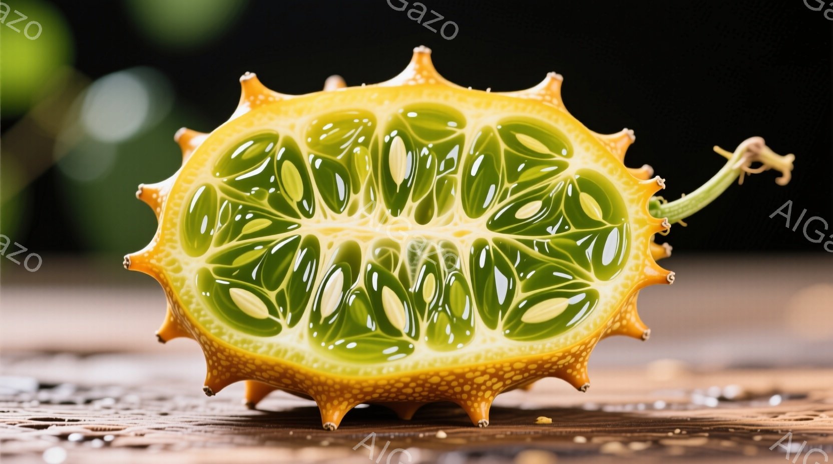 半分に切られたゴーヤ（苦瓜）の断面をクローズアップしたものです。オレンジ色の棘状の皮の内側には、緑色の種子と果肉が特徴的な模様を描き、滑らかな質感と鮮やかな色彩が目を引きます。背景は木製のテクスチャで、光が当たって影ができ、ゴーヤが際立っています。