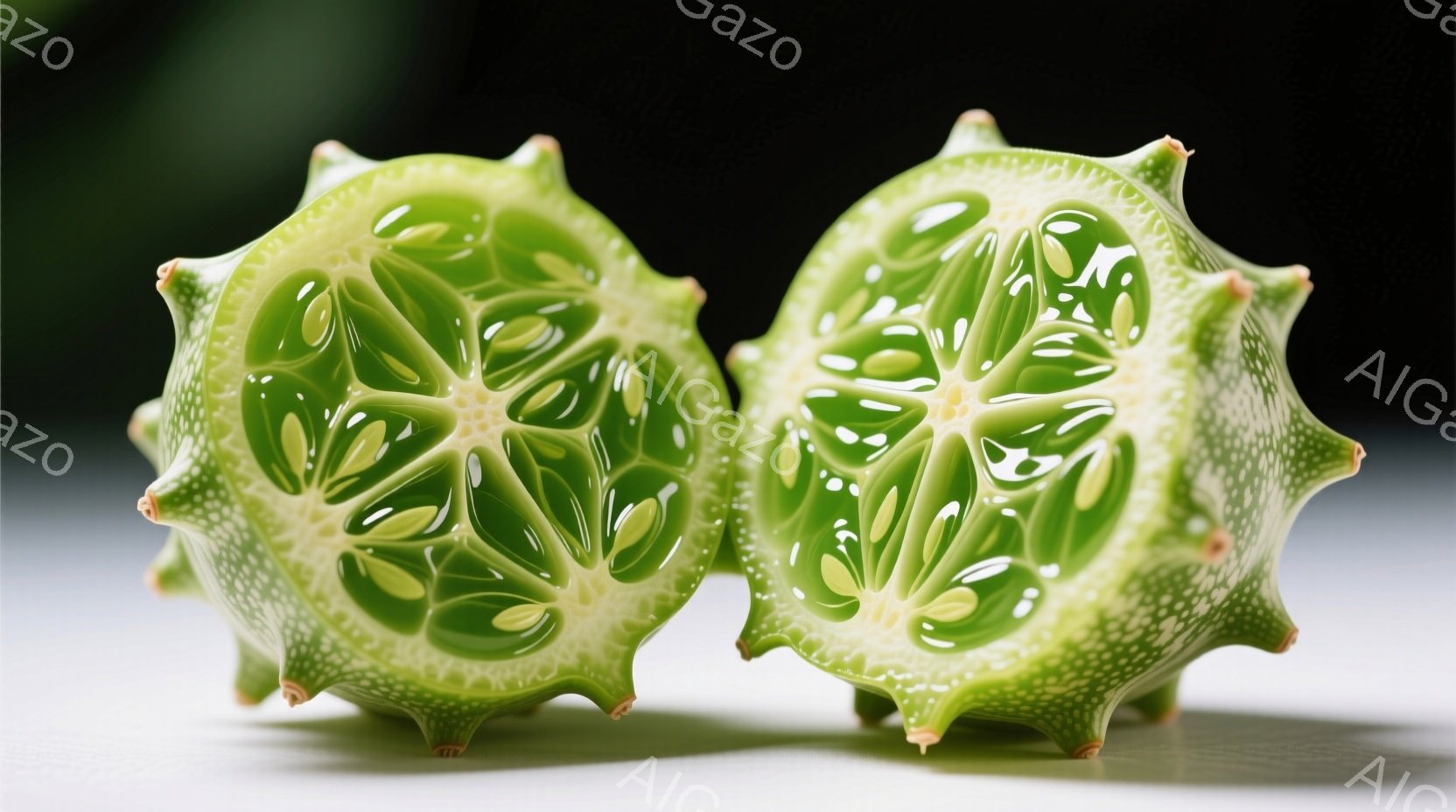 半分に切られた2つの苦瓜（ゴーヤ）が写っています。鮮やかな緑色で、表面には特徴的な突起があり、内部には種子が並んでいます。背景は白く、影がわずかに見られ、苦瓜の独特な形状と色が際立っています。