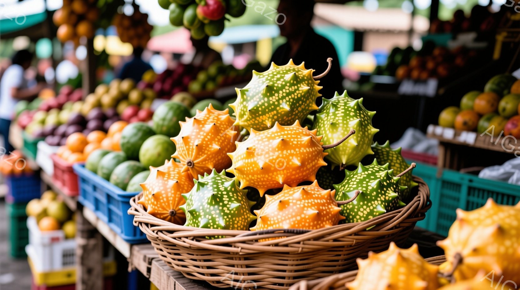鮮やかなオレンジと緑色のイボイノチク（苦瓜）が、編み込まれた籠の中に山積みになっています。背景には、様々な種類の果物や野菜が並べられた市場の一角がぼやけて写っており、活気のある雰囲気を感じさせます。全 - AI生成フリー素材