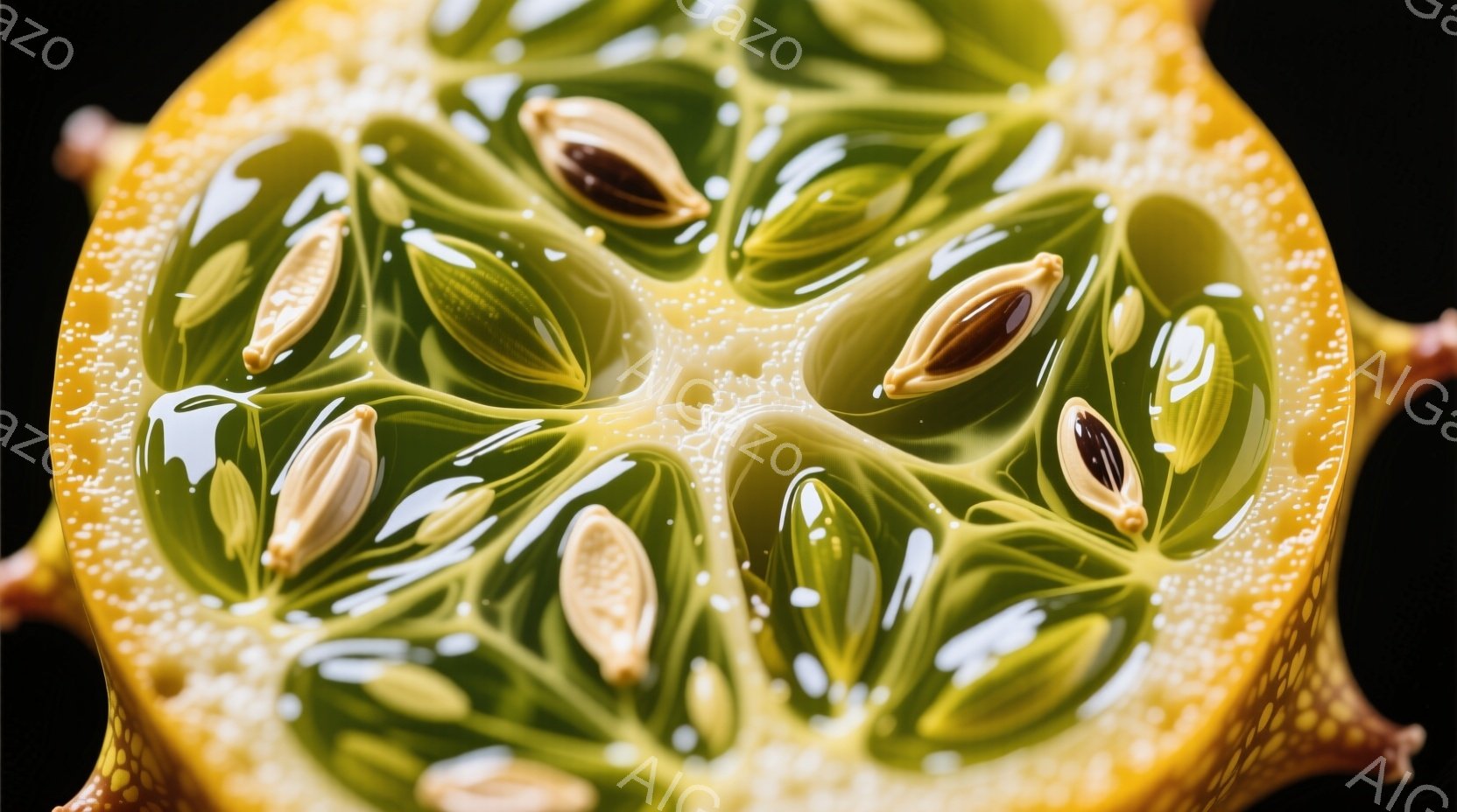 鮮やかな黄色と緑色の断面が印象的な果物、おそらくザクロの画像です。中央には白い種子が密集しており、果肉の独特のテクスチャが強調されています。背景は暗く、果物の色がより際立ち、独特な雰囲気を醸し出してい - AI生成フリー素材