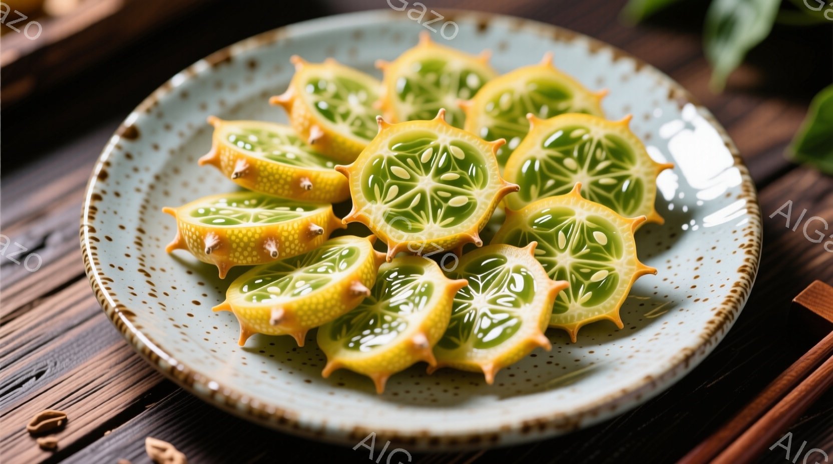 浅緑色の皿に、星型の断面を持つ黄色と緑色の果物が並べられています。果物はカラフルで、皿の土っぽい色合いとコントラストをなしています。背景は木の板の質感があり、自然で素朴な雰囲気を醸し出しています。